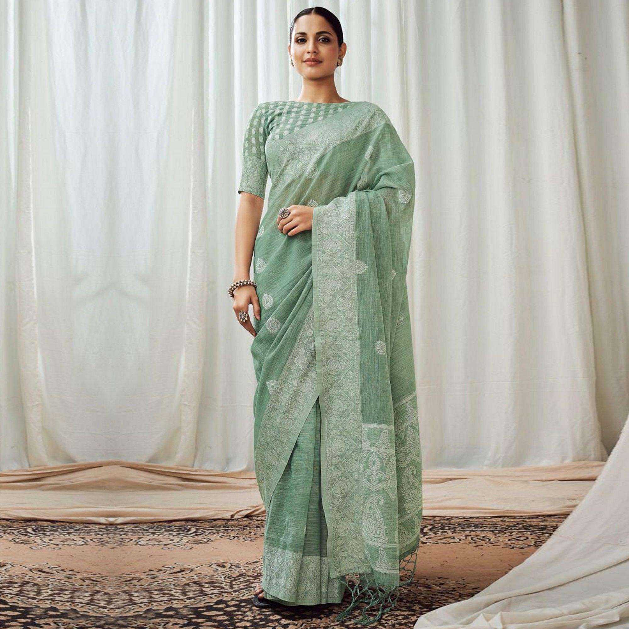 Green Partywear Woven Lucknowi Linen Saree - Peachmode