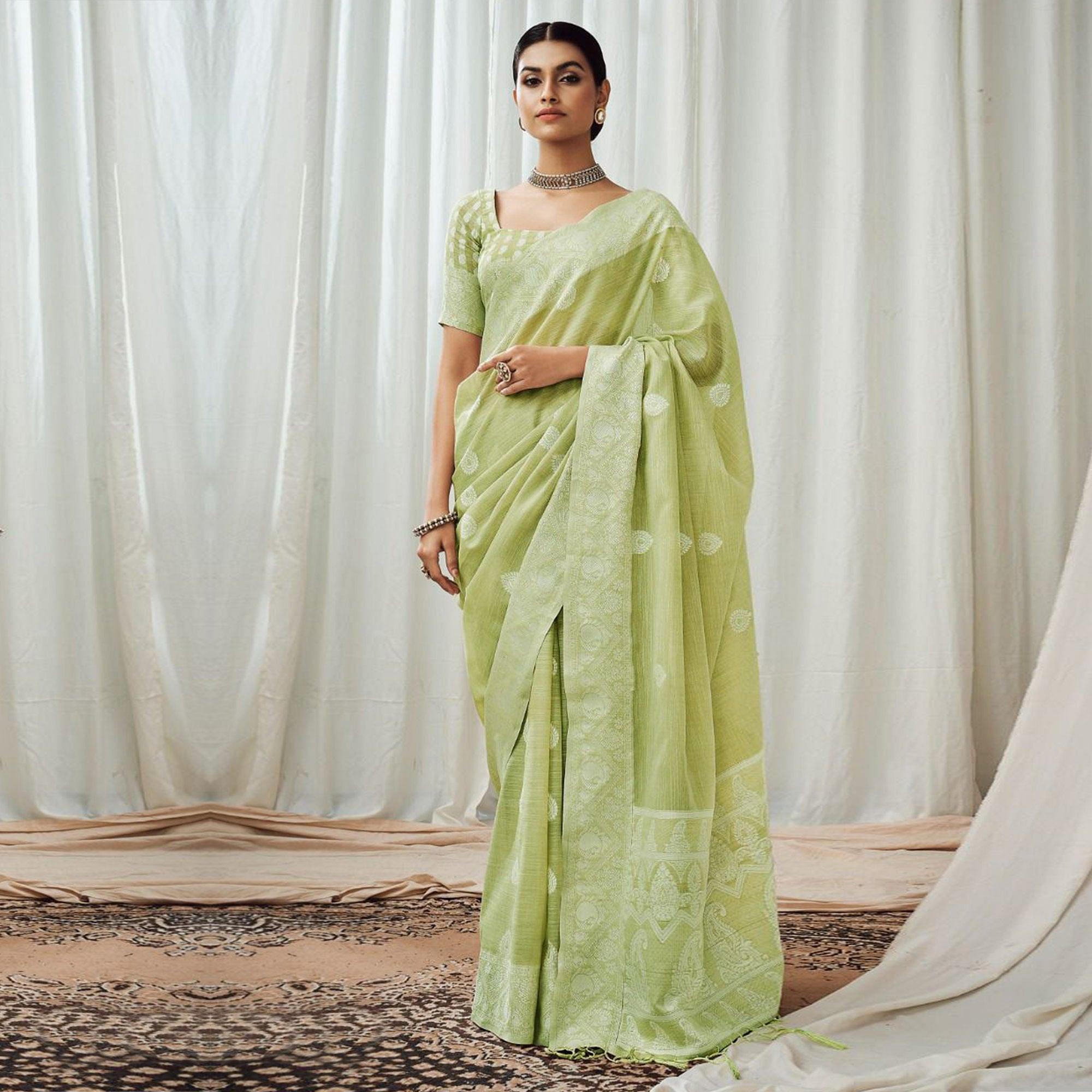 Green Partywear Woven Lucknowi Linen Saree - Peachmode