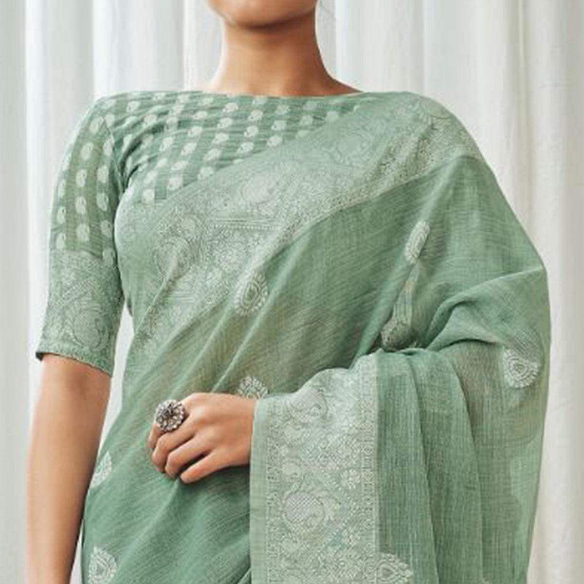 Green Partywear Woven Lucknowi Linen Saree - Peachmode