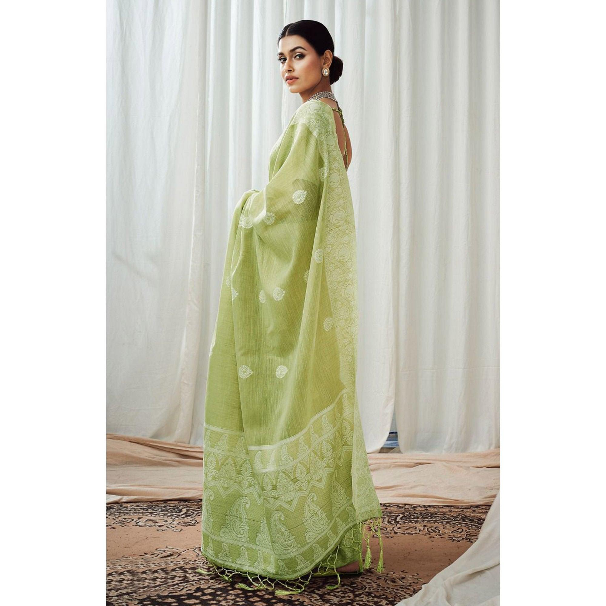 Green Partywear Woven Lucknowi Linen Saree - Peachmode