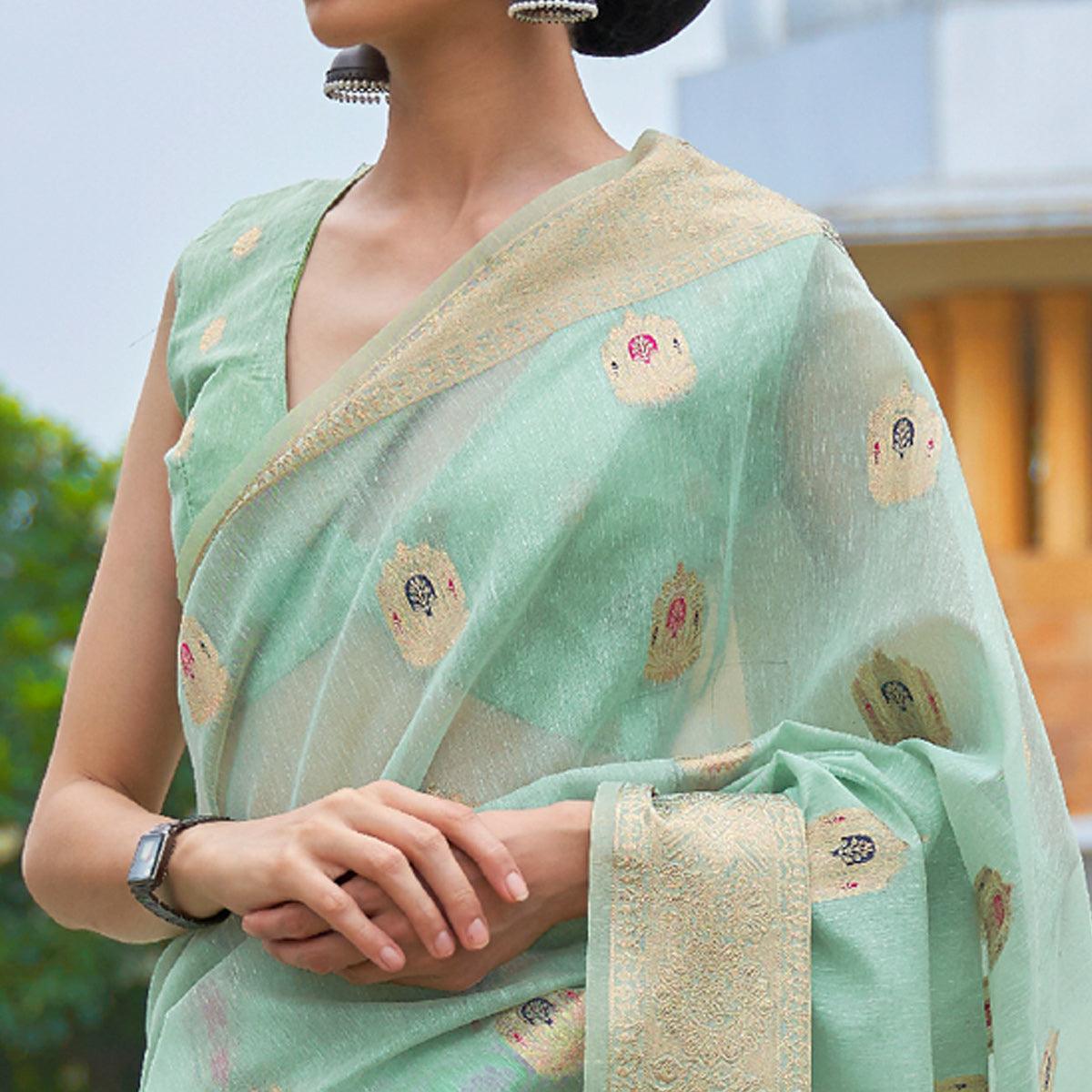 Green Partywear Woven Pure Linen Saree - Peachmode