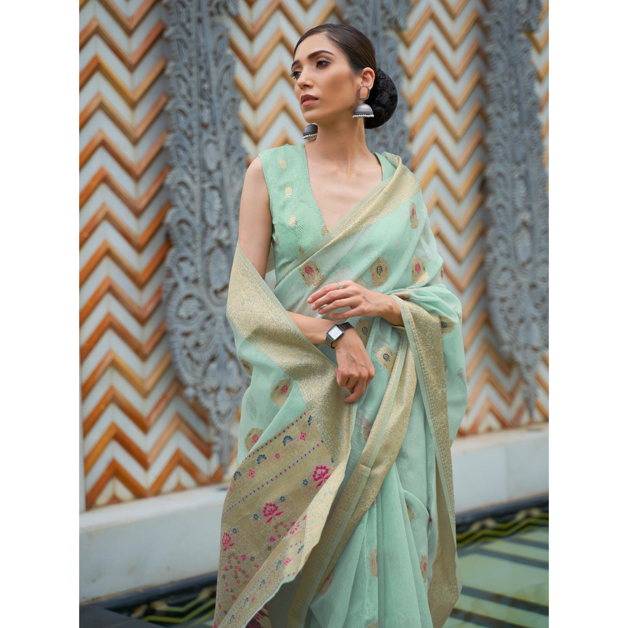 Green Partywear Woven Pure Linen Saree - Peachmode