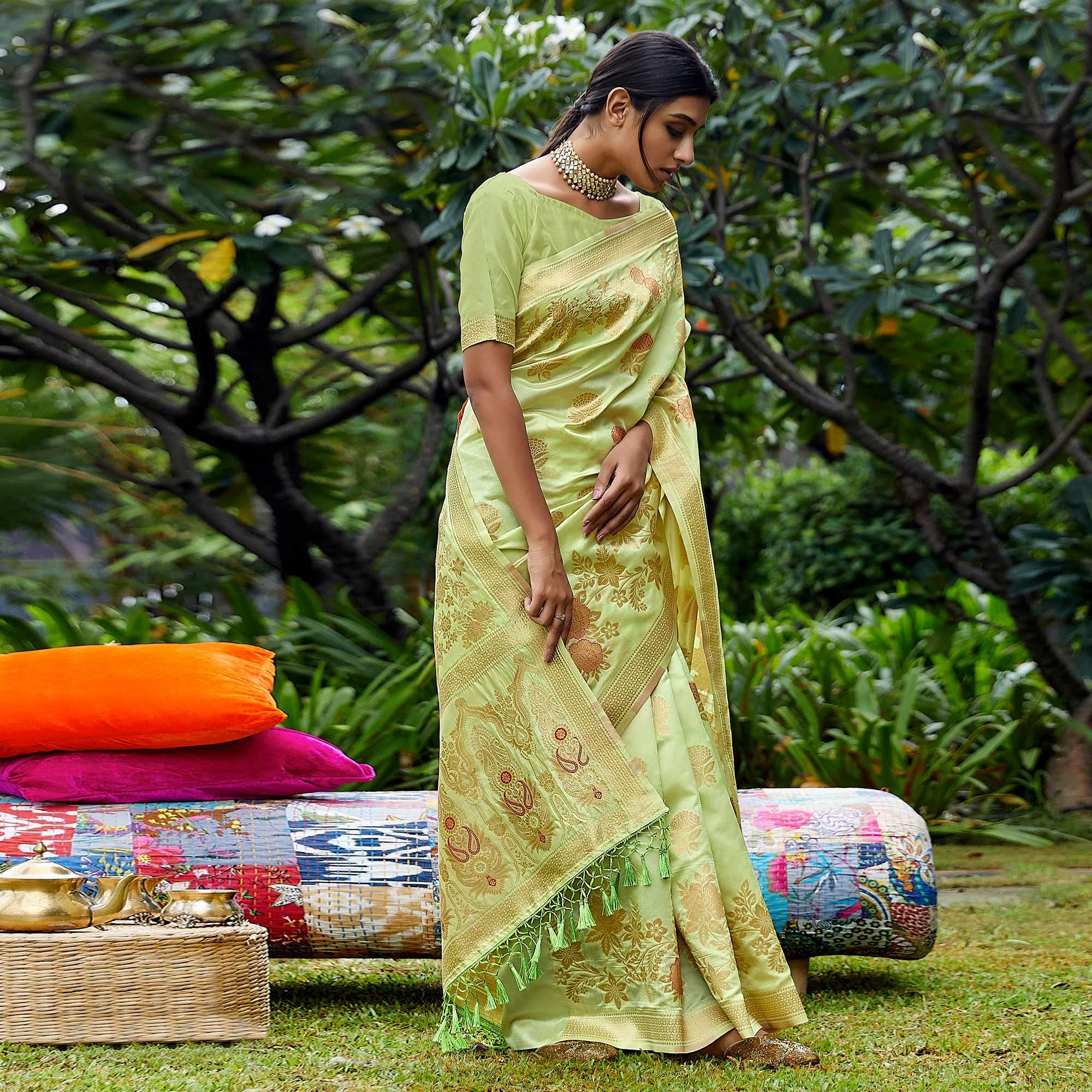 Green Partywear Woven Silk Saree - Peachmode