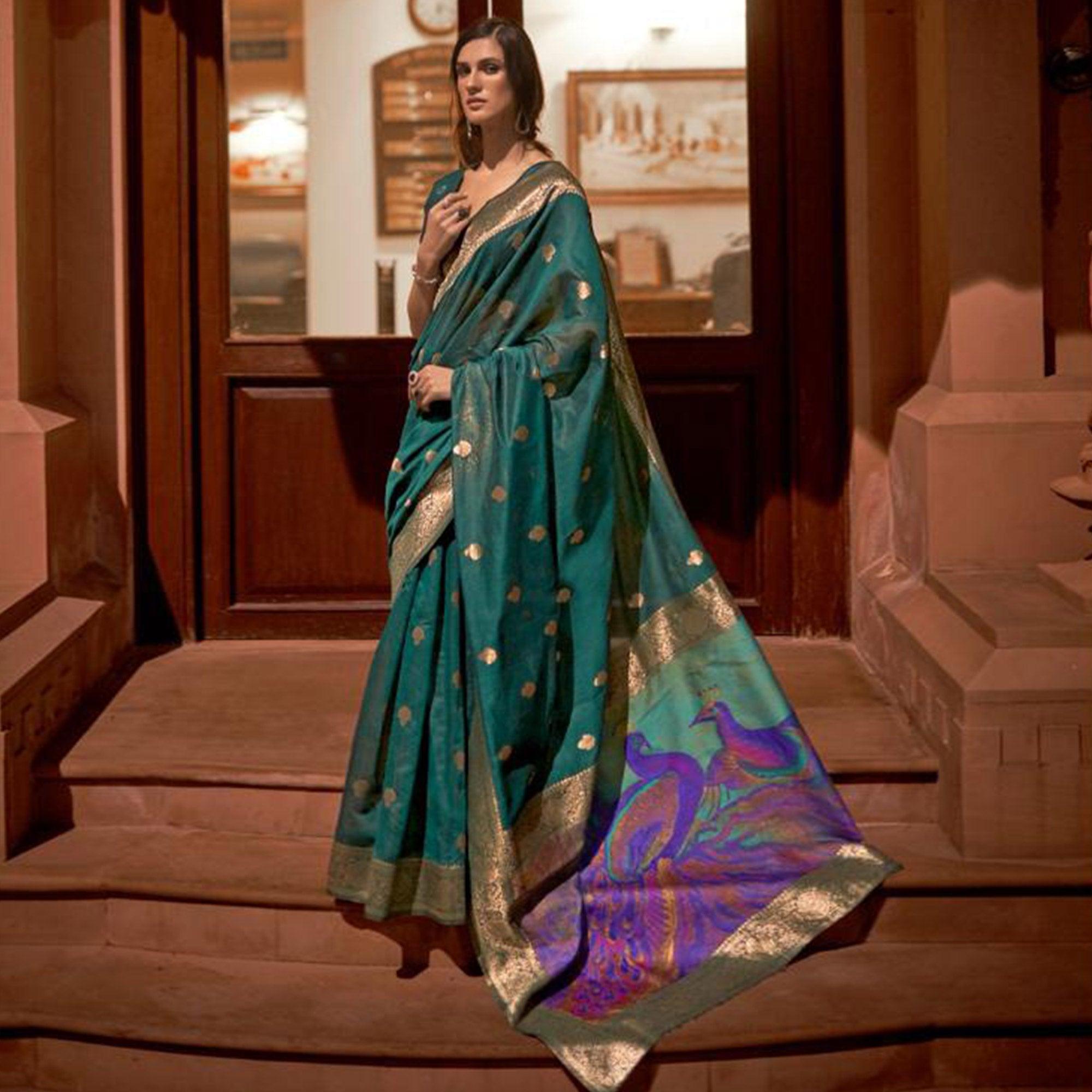 Green Partywear Woven Silk Saree - Peachmode