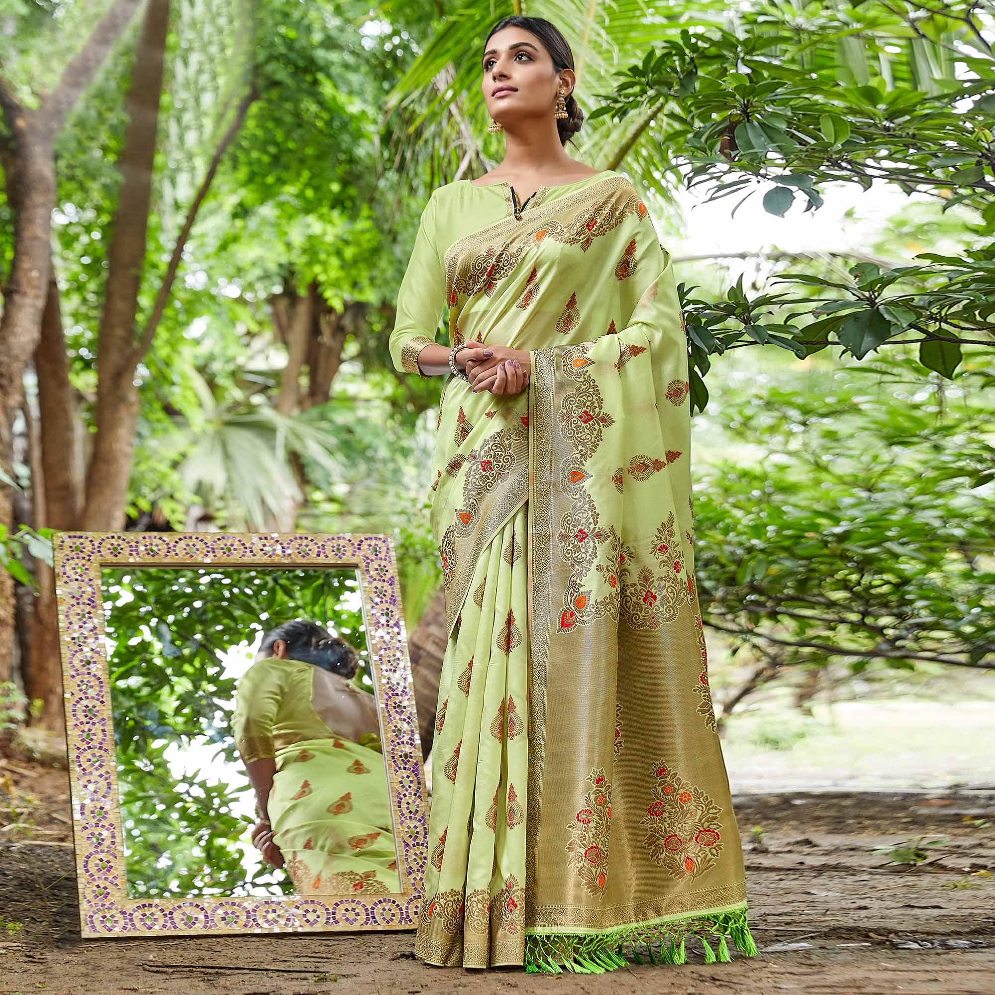 Green Partywear Woven Silk Saree - Peachmode