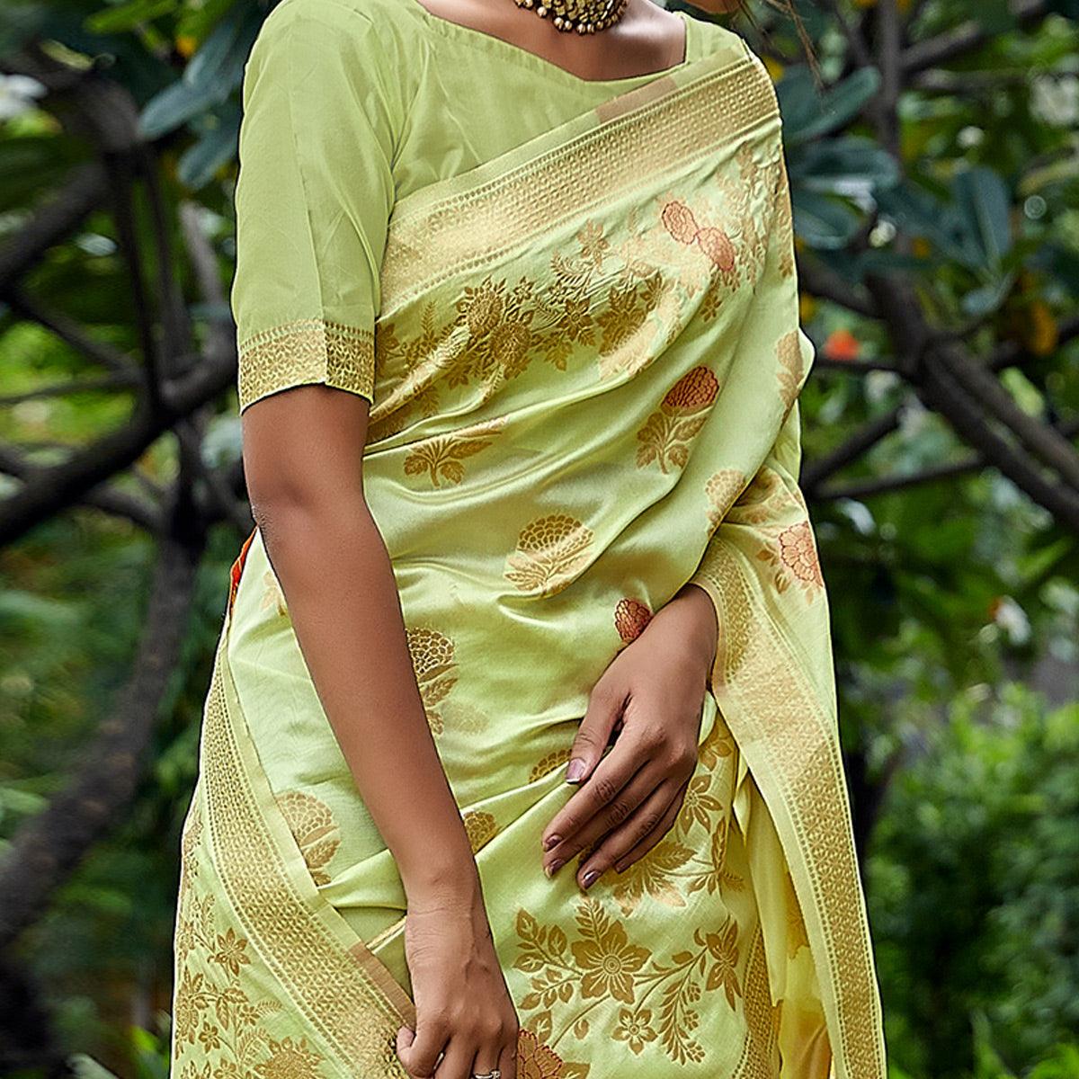 Green Partywear Woven Silk Saree - Peachmode