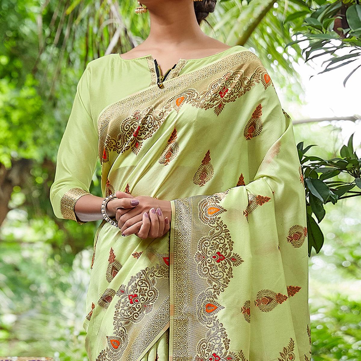 Green Partywear Woven Silk Saree - Peachmode