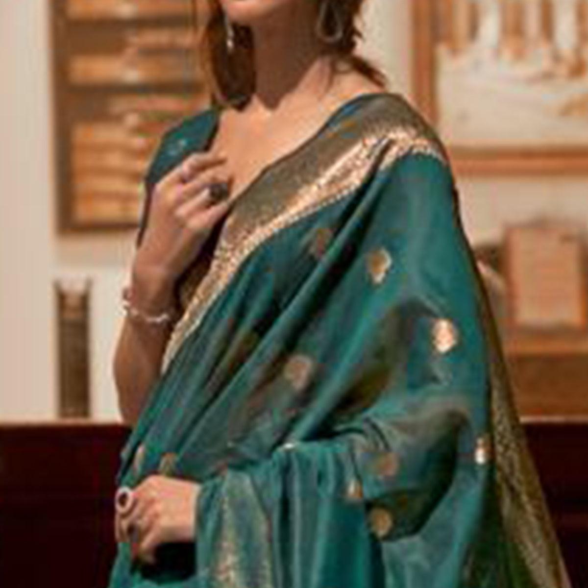 Green Partywear Woven Silk Saree - Peachmode