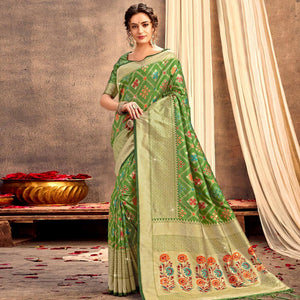 Green Partywear Woven with Zaalar & Hand Stone Work Banarasi Silk Saree - Peachmode