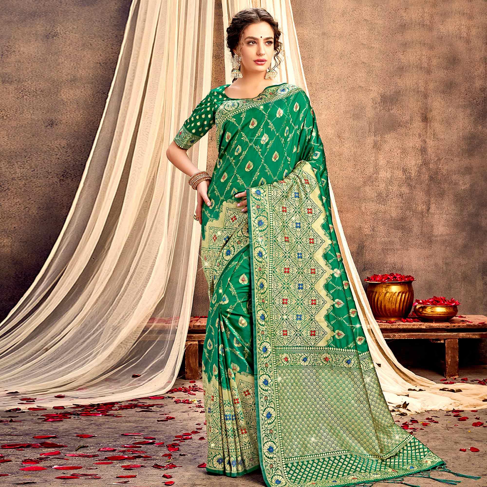 Green Partywear Woven with Zaalar & Hand Stone Work Banarasi Silk Saree - Peachmode