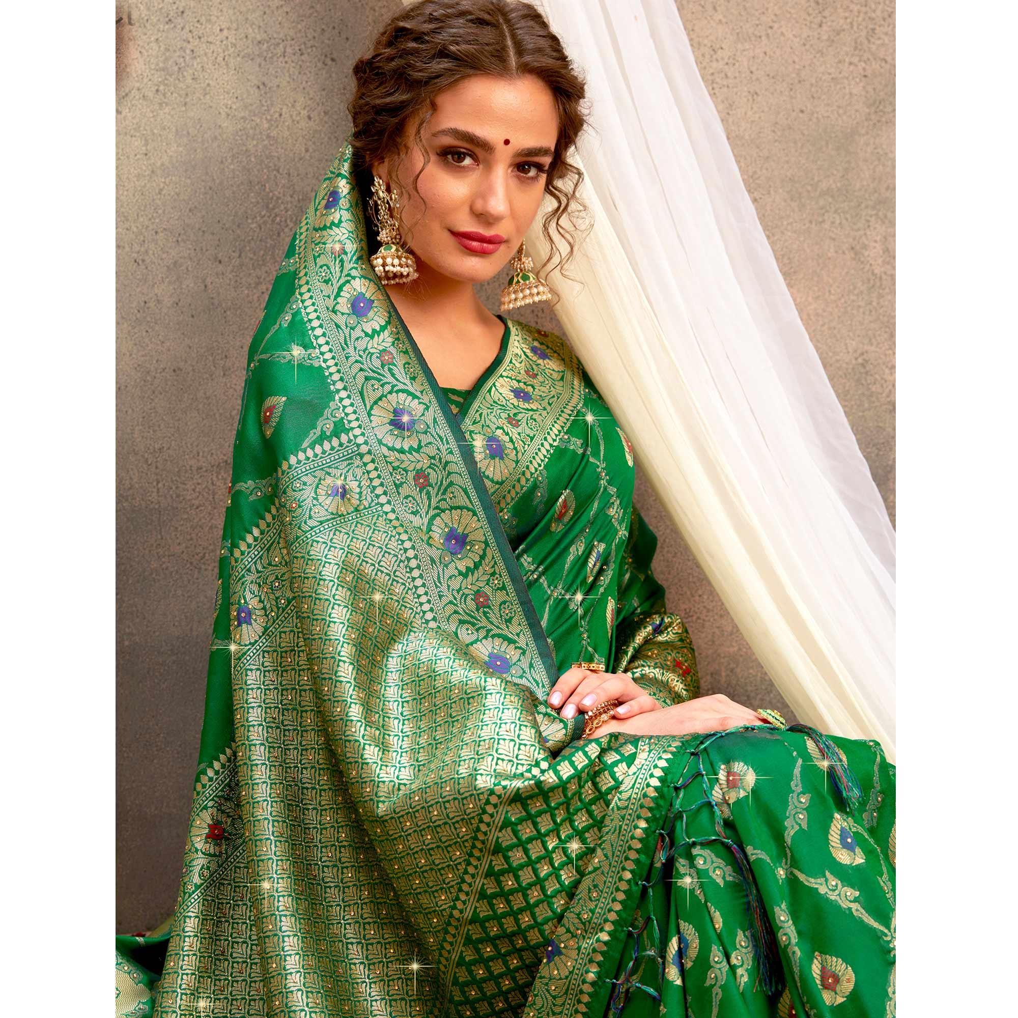 Green Partywear Woven with Zaalar & Hand Stone Work Banarasi Silk Saree - Peachmode