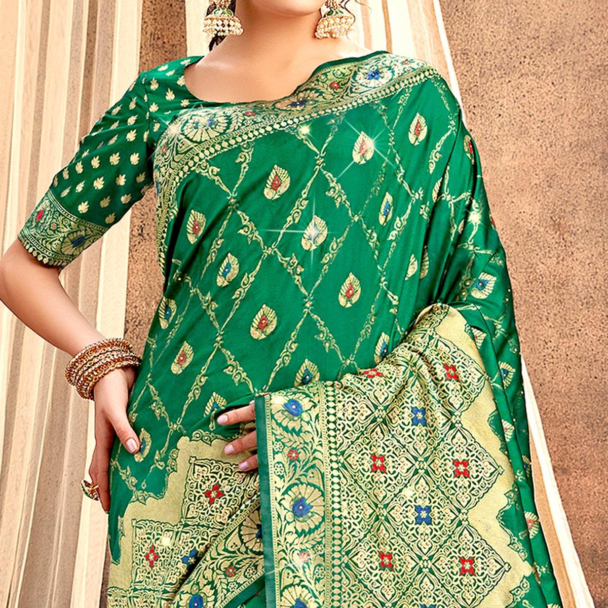 Green Partywear Woven with Zaalar & Hand Stone Work Banarasi Silk Saree - Peachmode