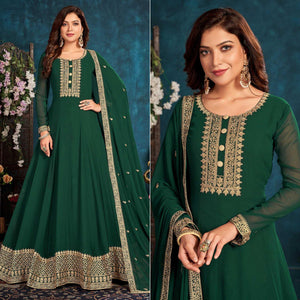 Green Partywear Zari Embroidered Faux Georgette Anarkali Suit - Peachmode