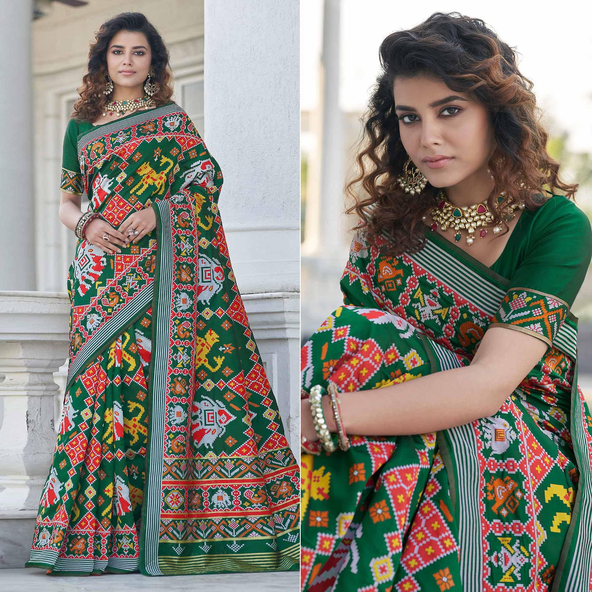 Green Patola Printed Art Silk Saree - Peachmode