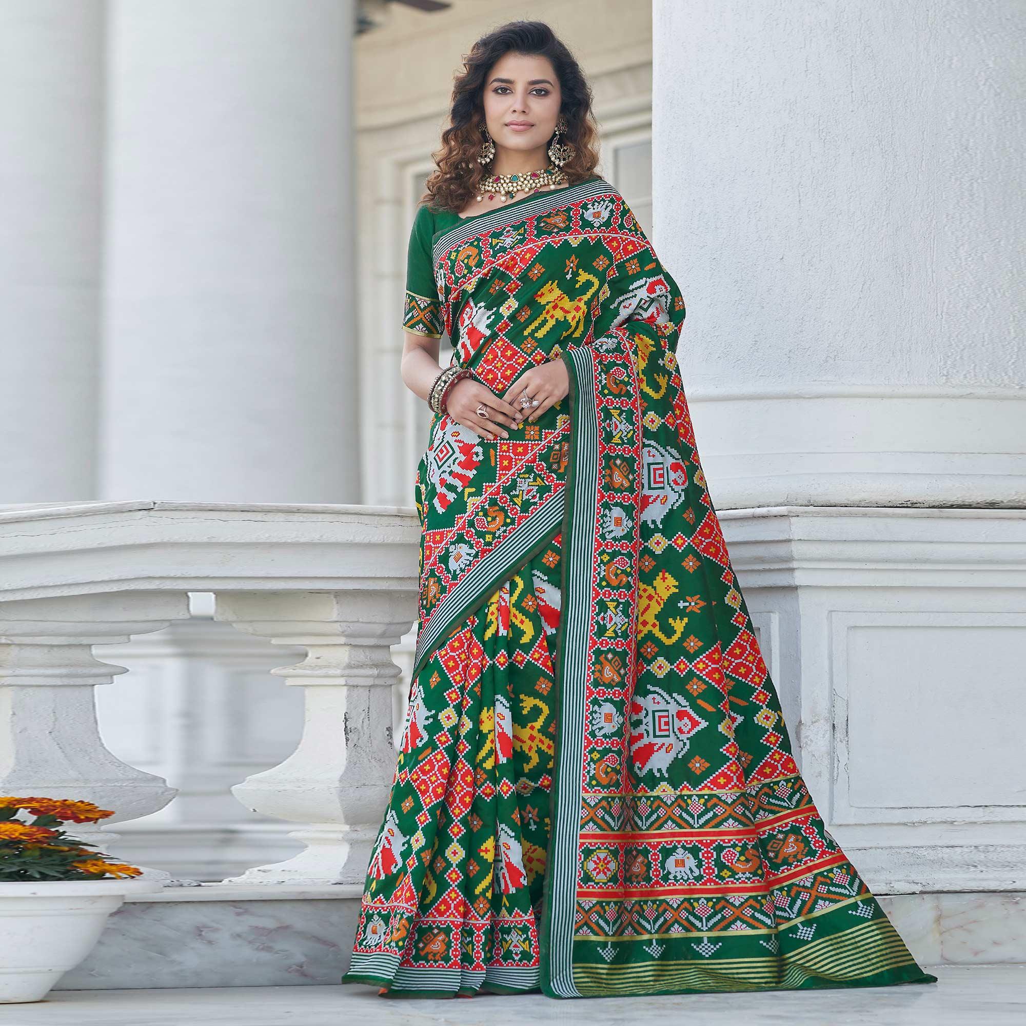Green Patola Printed Art Silk Saree - Peachmode
