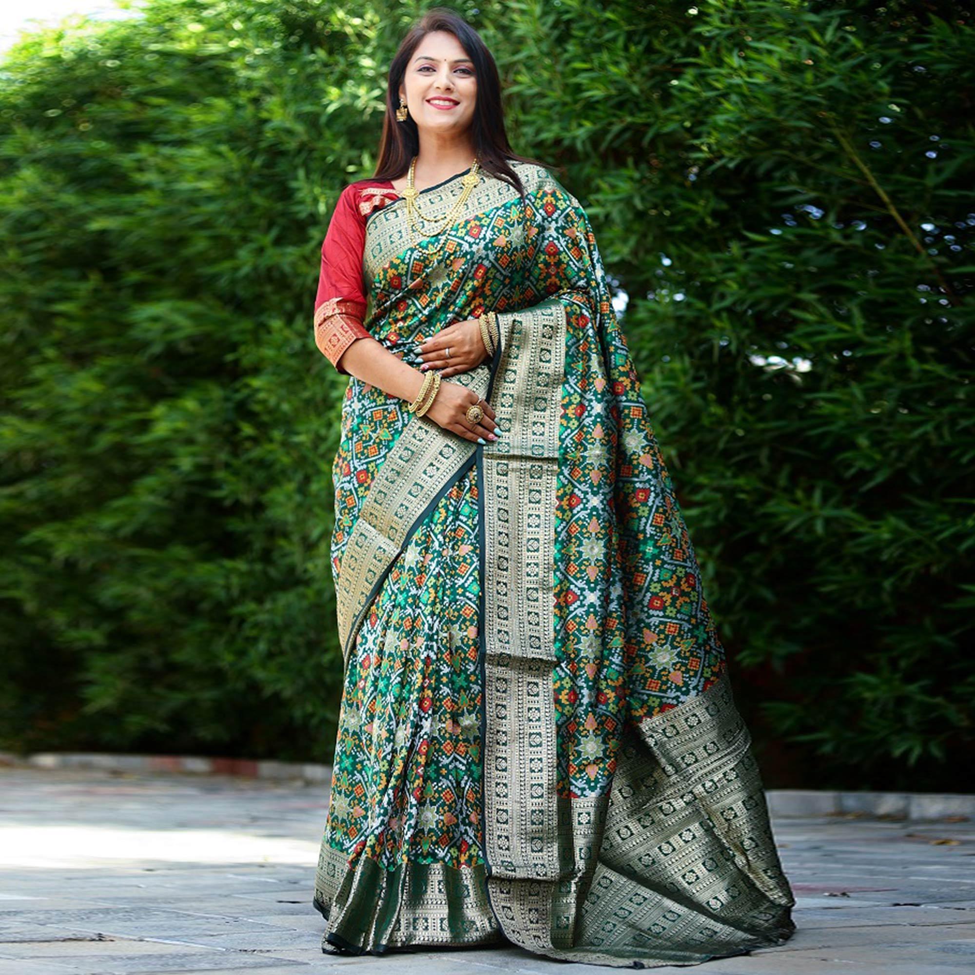 Green Patola Printed Art Silk Saree - Peachmode
