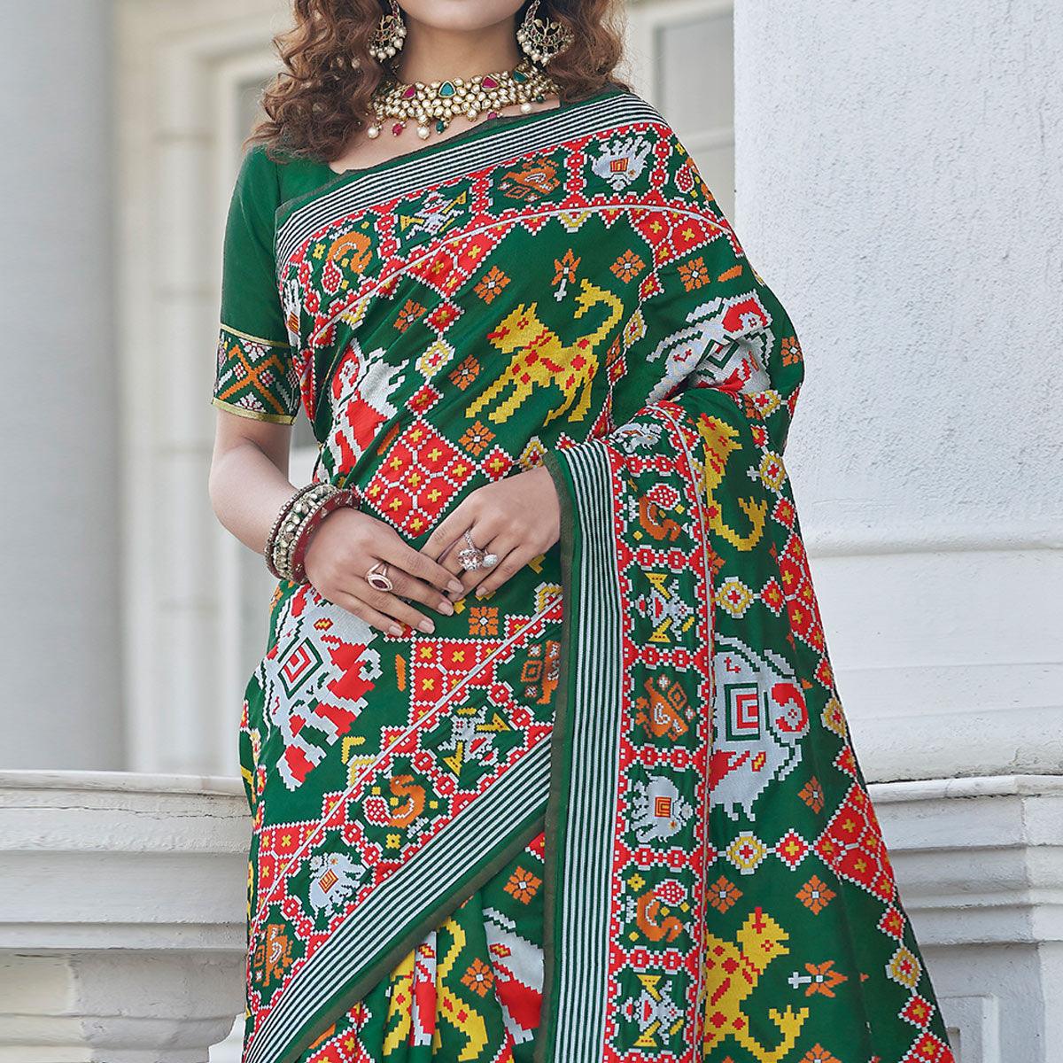 Green Patola Printed Art Silk Saree - Peachmode