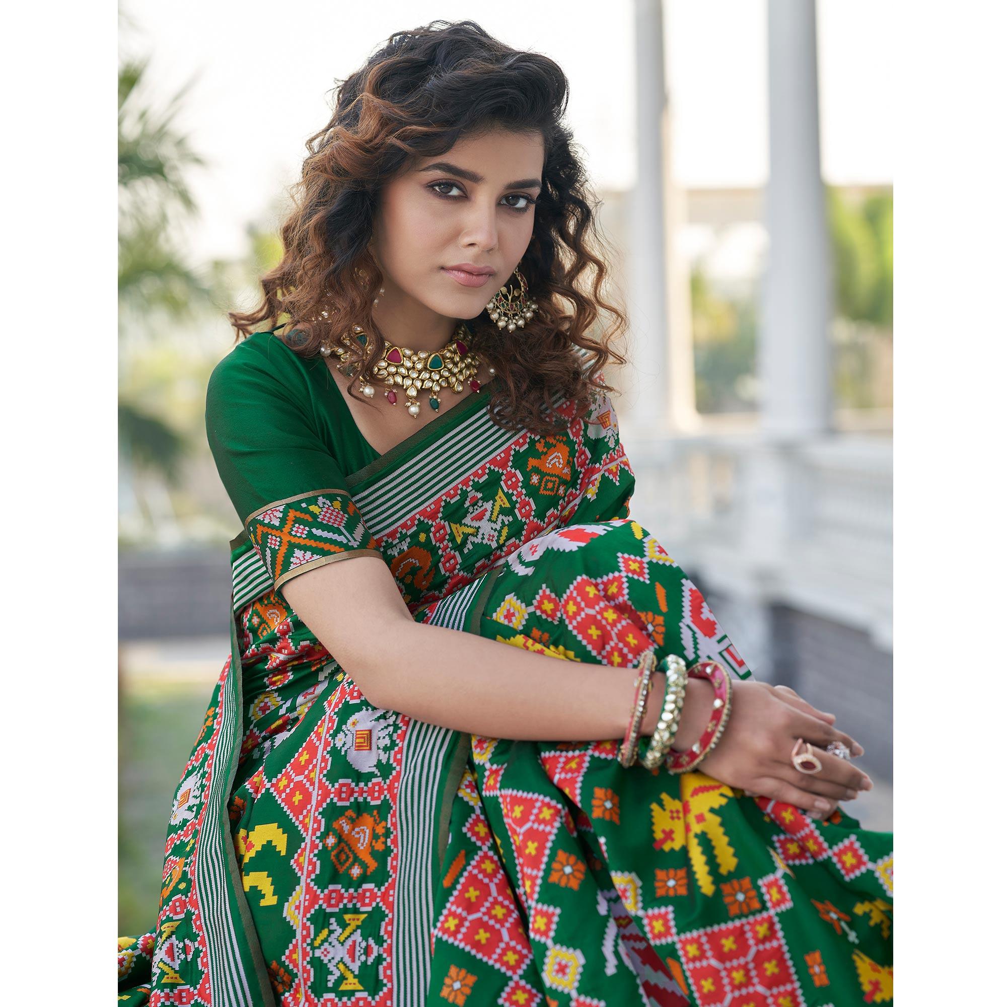 Green Patola Printed Art Silk Saree - Peachmode