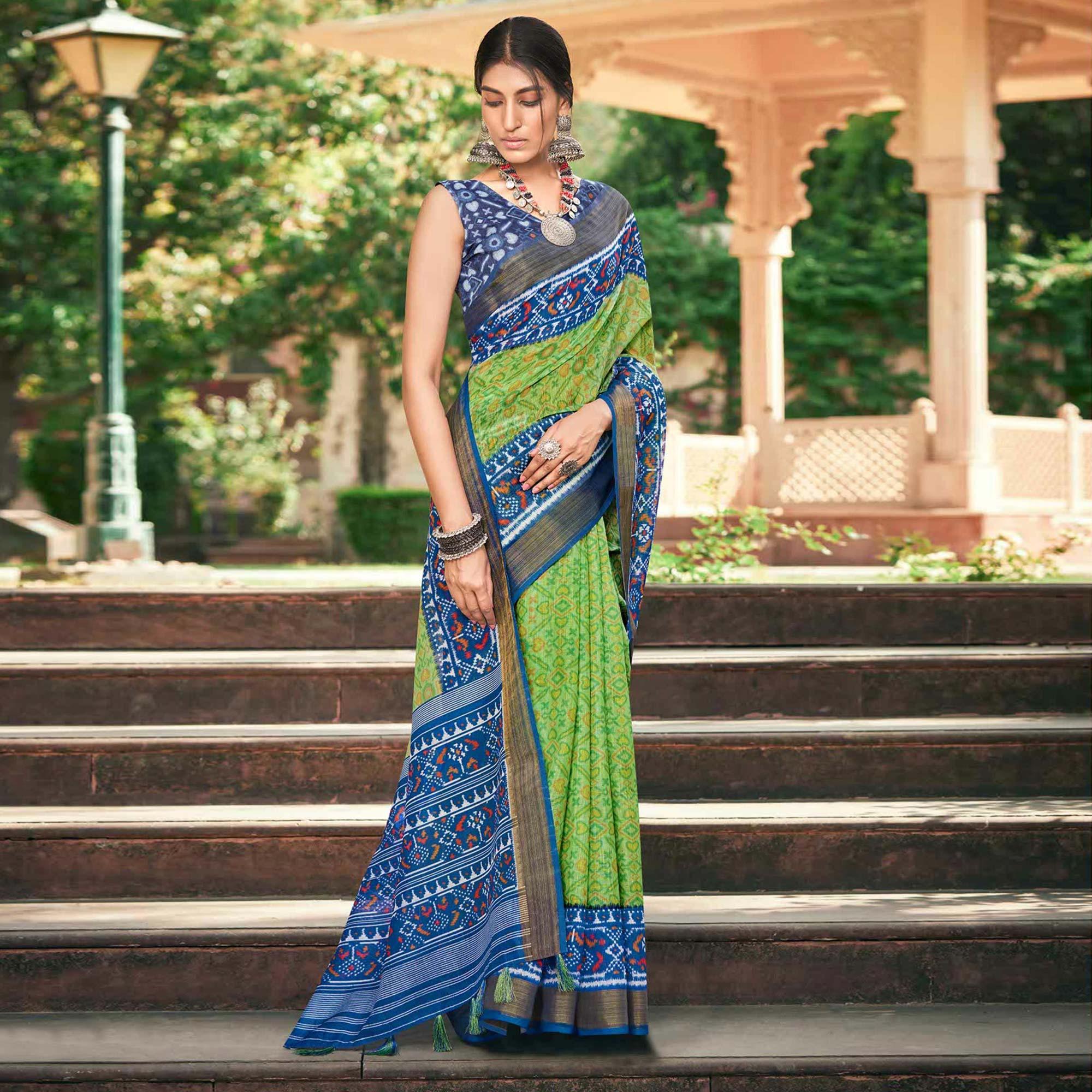 Green Patola Printed Cotton Silk Saree With Tassels - Peachmode