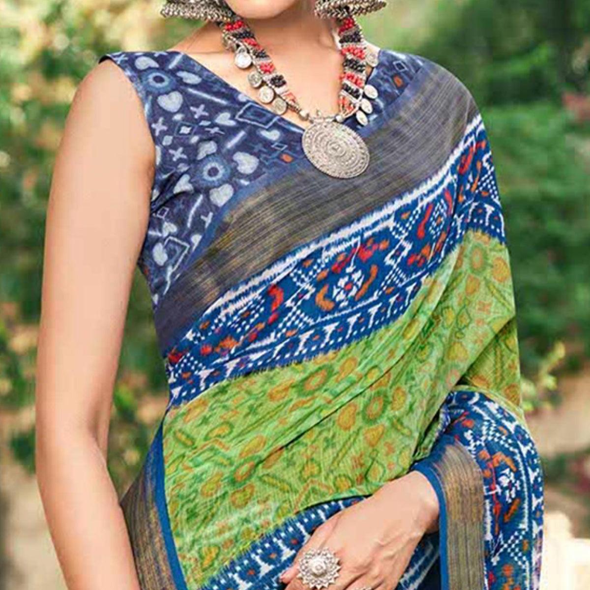 Green Patola Printed Cotton Silk Saree With Tassels - Peachmode