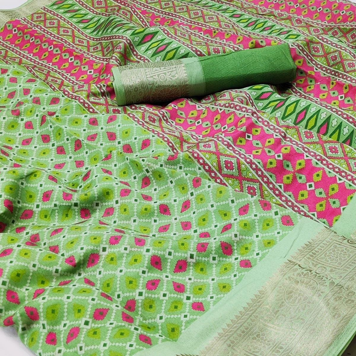 Green Patola Printed Dola Silk Saree - Peachmode