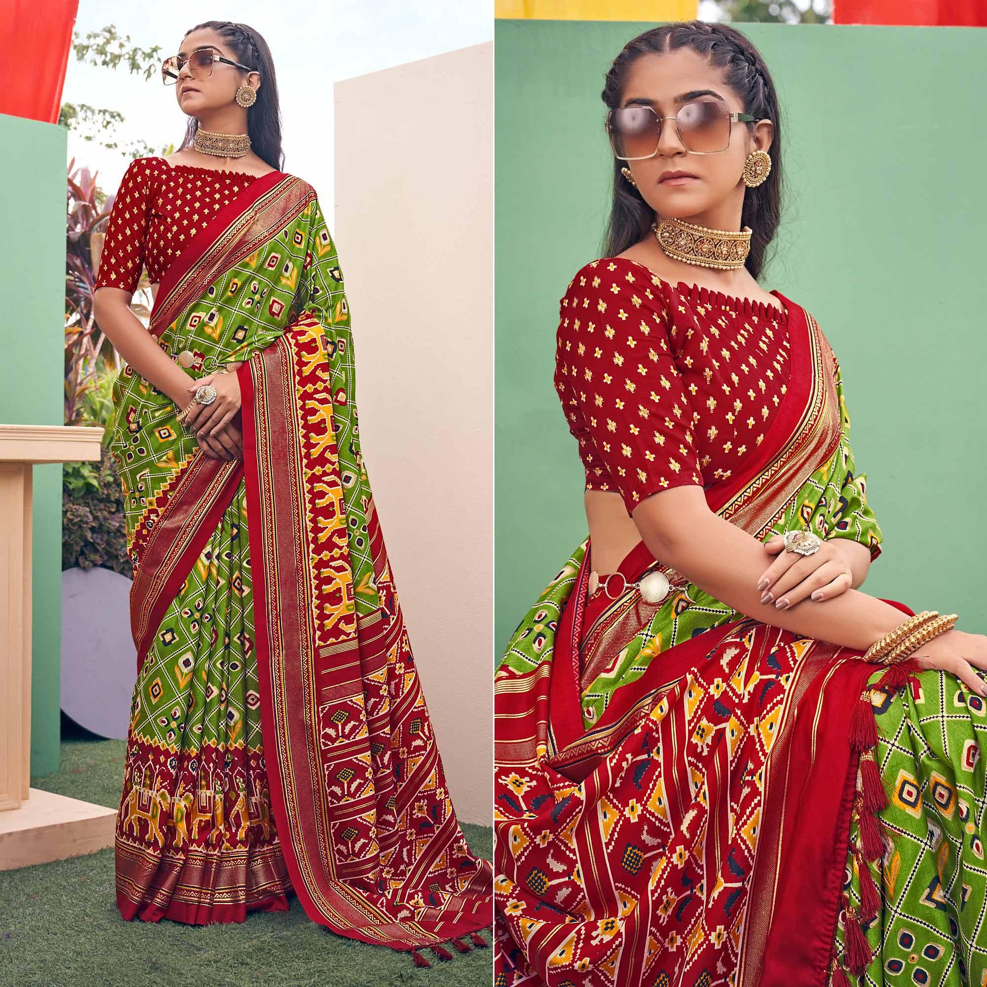 Green Patola Printed Silk Saree With Tassels - Peachmode