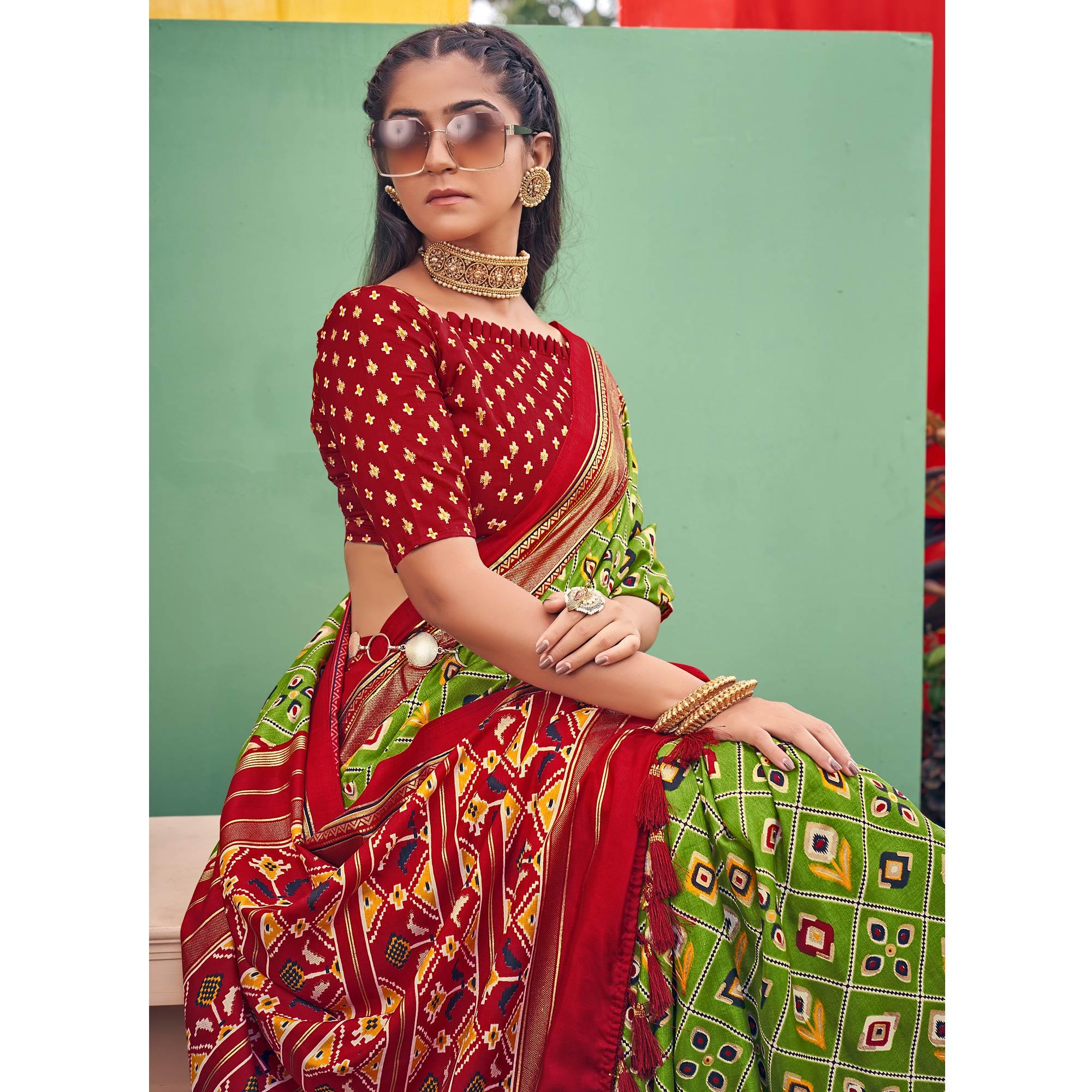 Green Patola Printed Silk Saree With Tassels - Peachmode