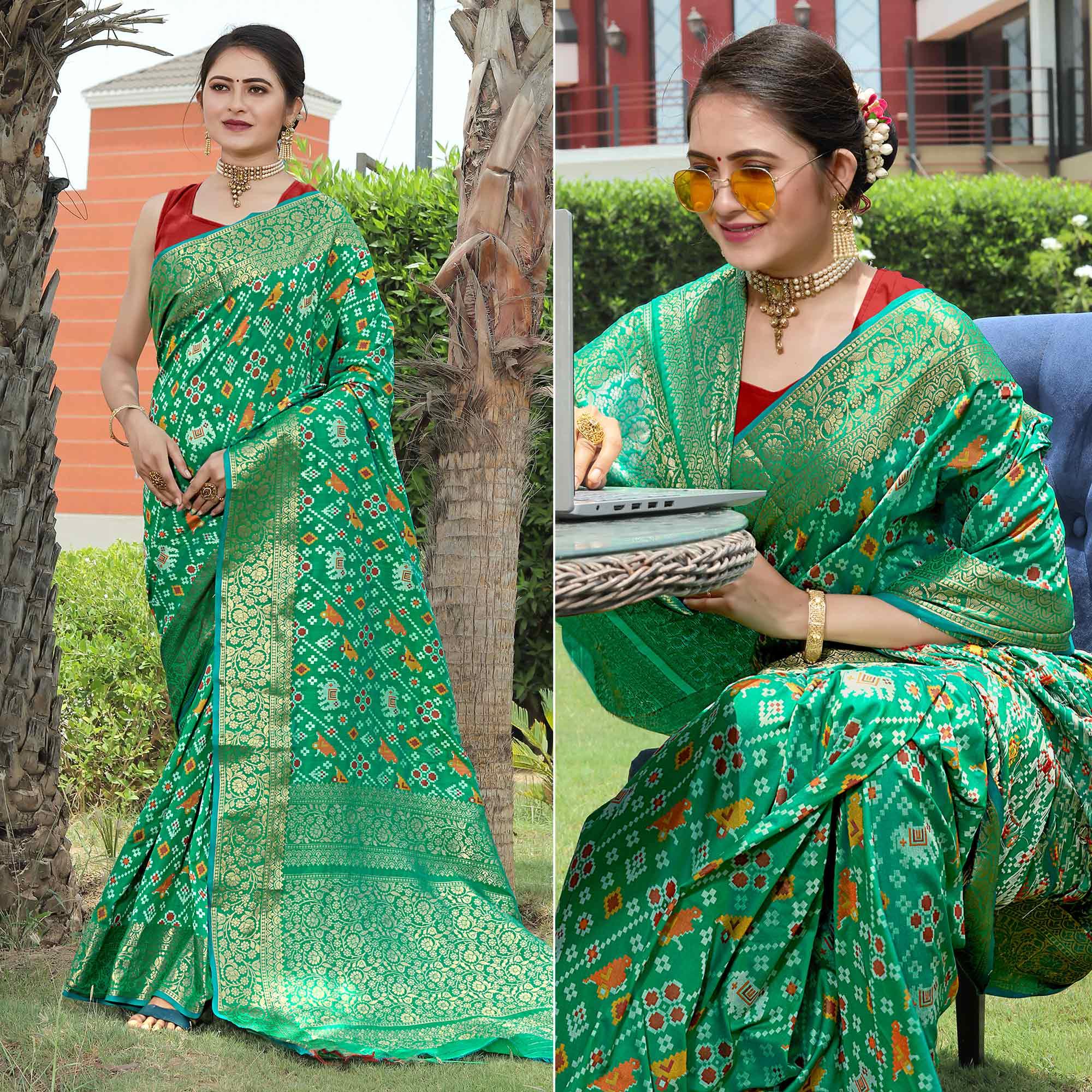 Green Patola Printed With Woven Border Banarasi Silk Saree - Peachmode