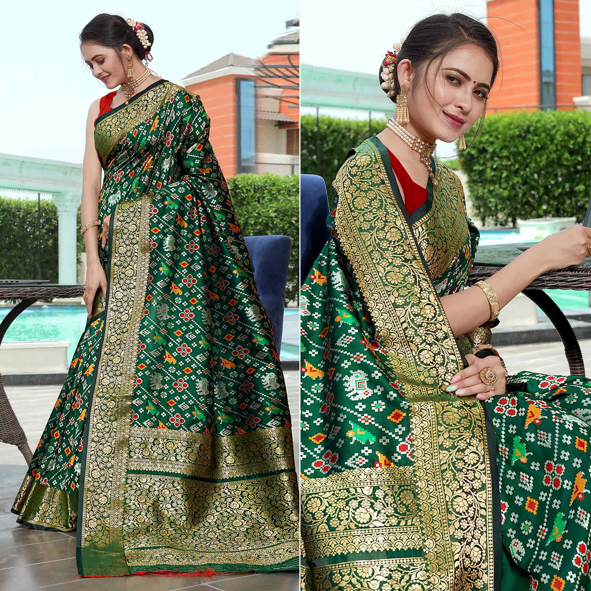 Green Patola Printed With Woven Border Banarasi Silk Saree - Peachmode