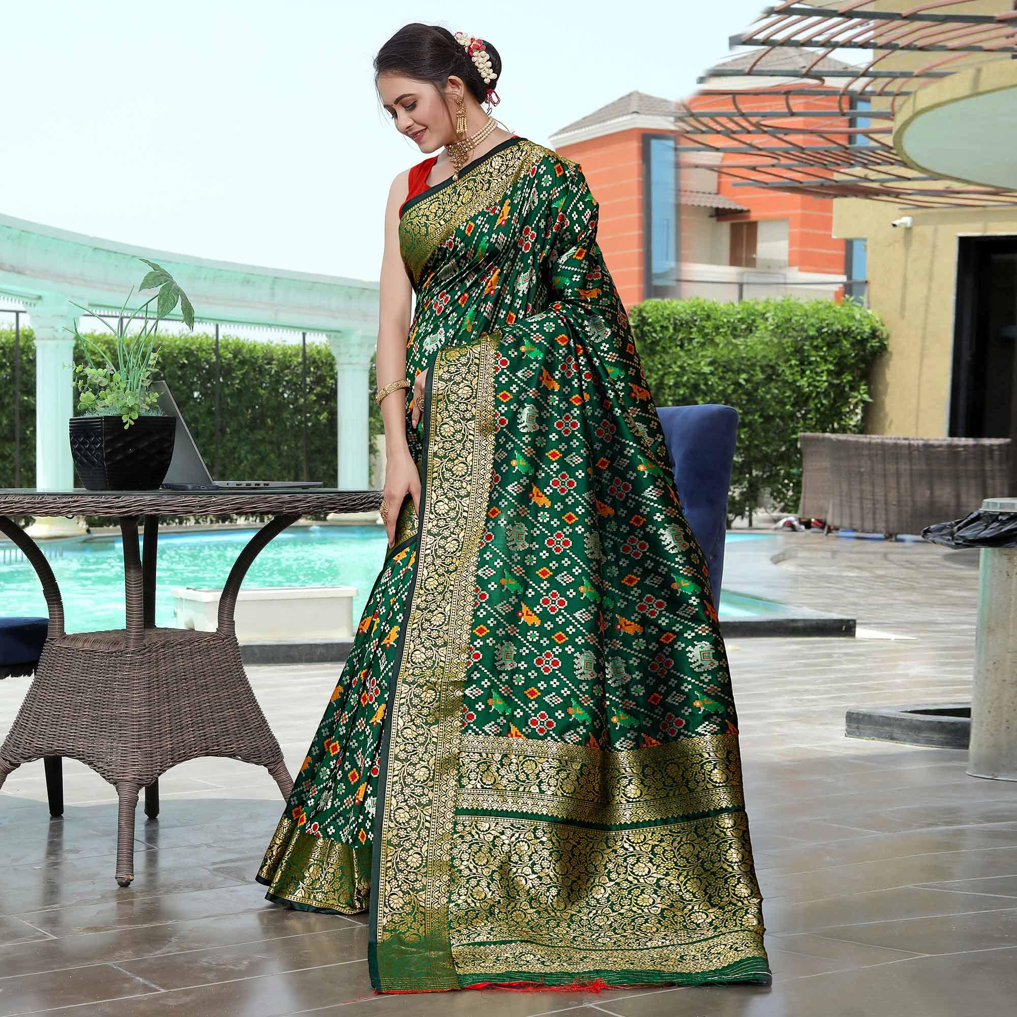 Green Patola Printed With Woven Border Banarasi Silk Saree - Peachmode