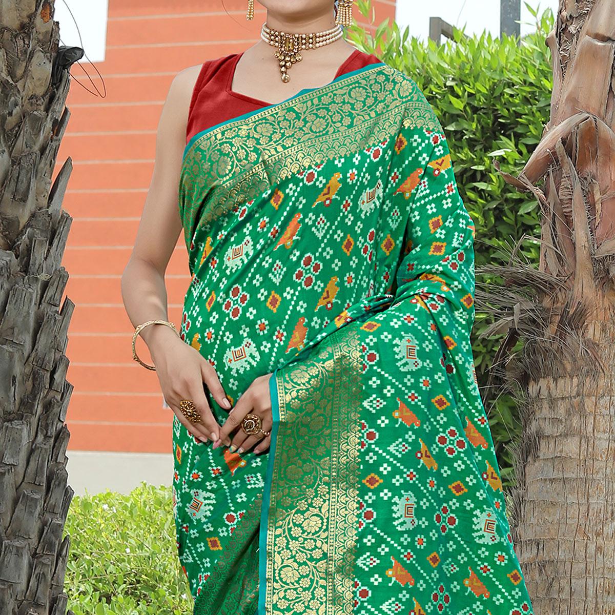 Green Patola Printed With Woven Border Banarasi Silk Saree - Peachmode
