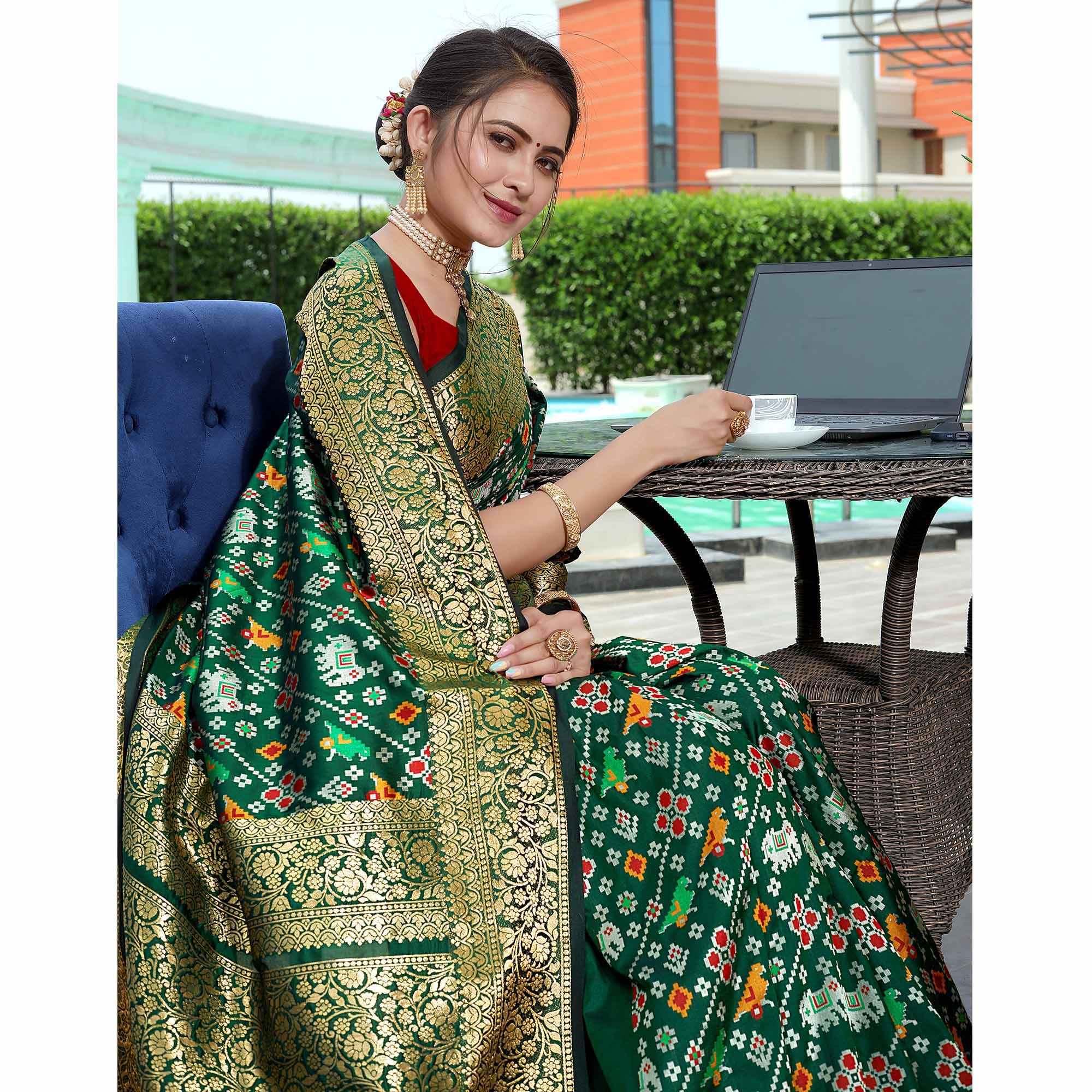 Green Patola Printed With Woven Border Banarasi Silk Saree - Peachmode