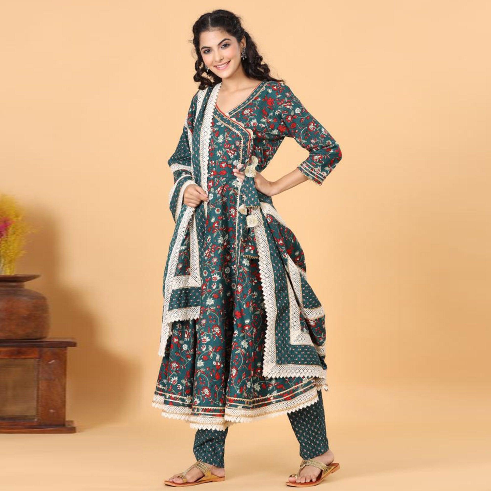 Green Patywear Floral Printed With Gotta Patti Cotton Anarkali Suit - Peachmode