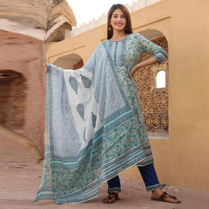 Green Patywear Floral Printed With Handwork Cotton Anarkali Suit - Peachmode