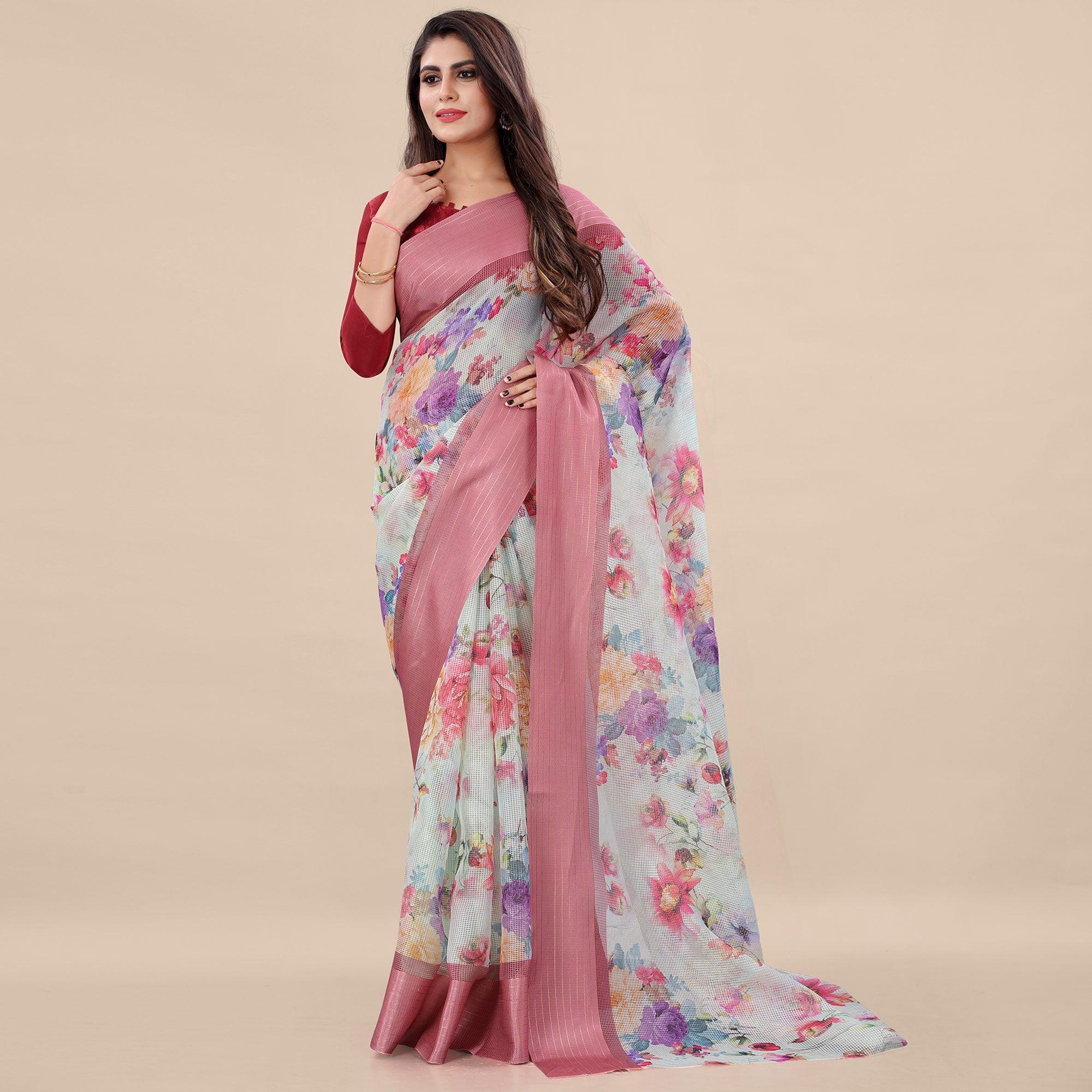 Green - Peach Casual Wear Floral Digital Printed Silk Saree With Woven Border - Peachmode