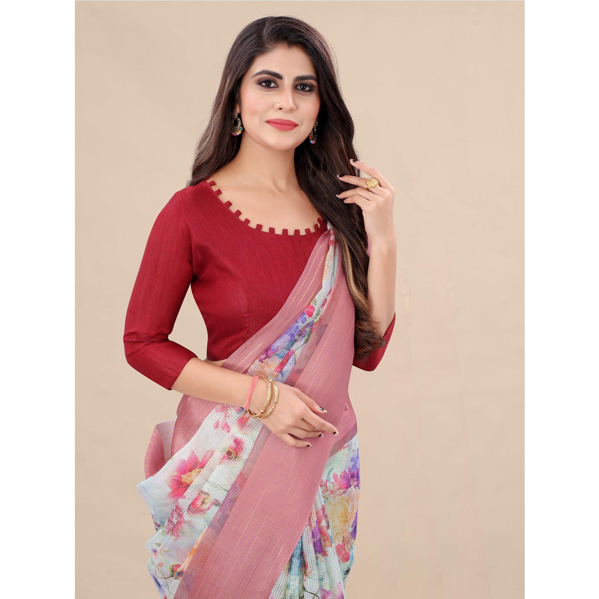 Green - Peach Casual Wear Floral Digital Printed Silk Saree With Woven Border - Peachmode