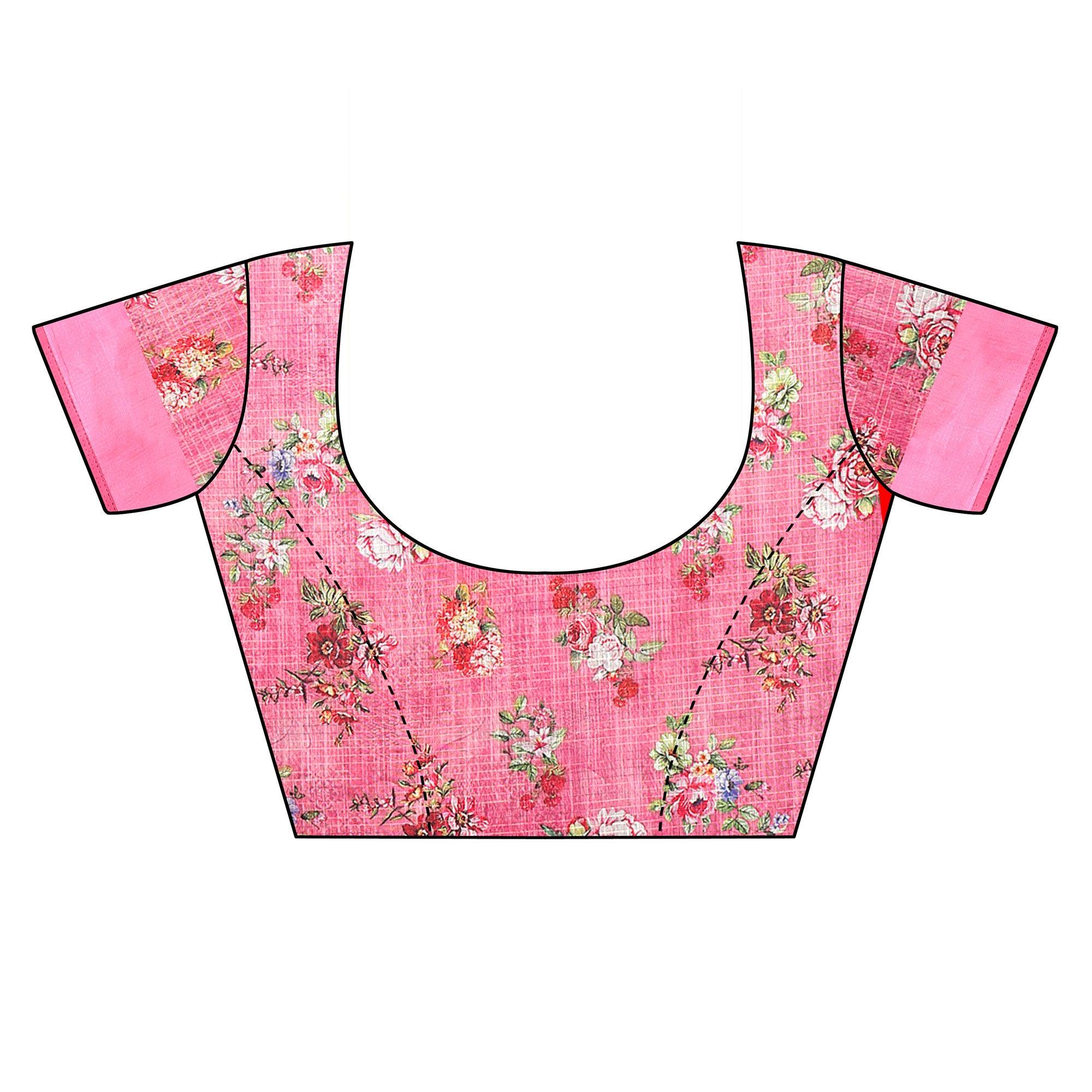 Green-Pink Casual Wear Floral Digital Printed Linen Slub saree - Peachmode