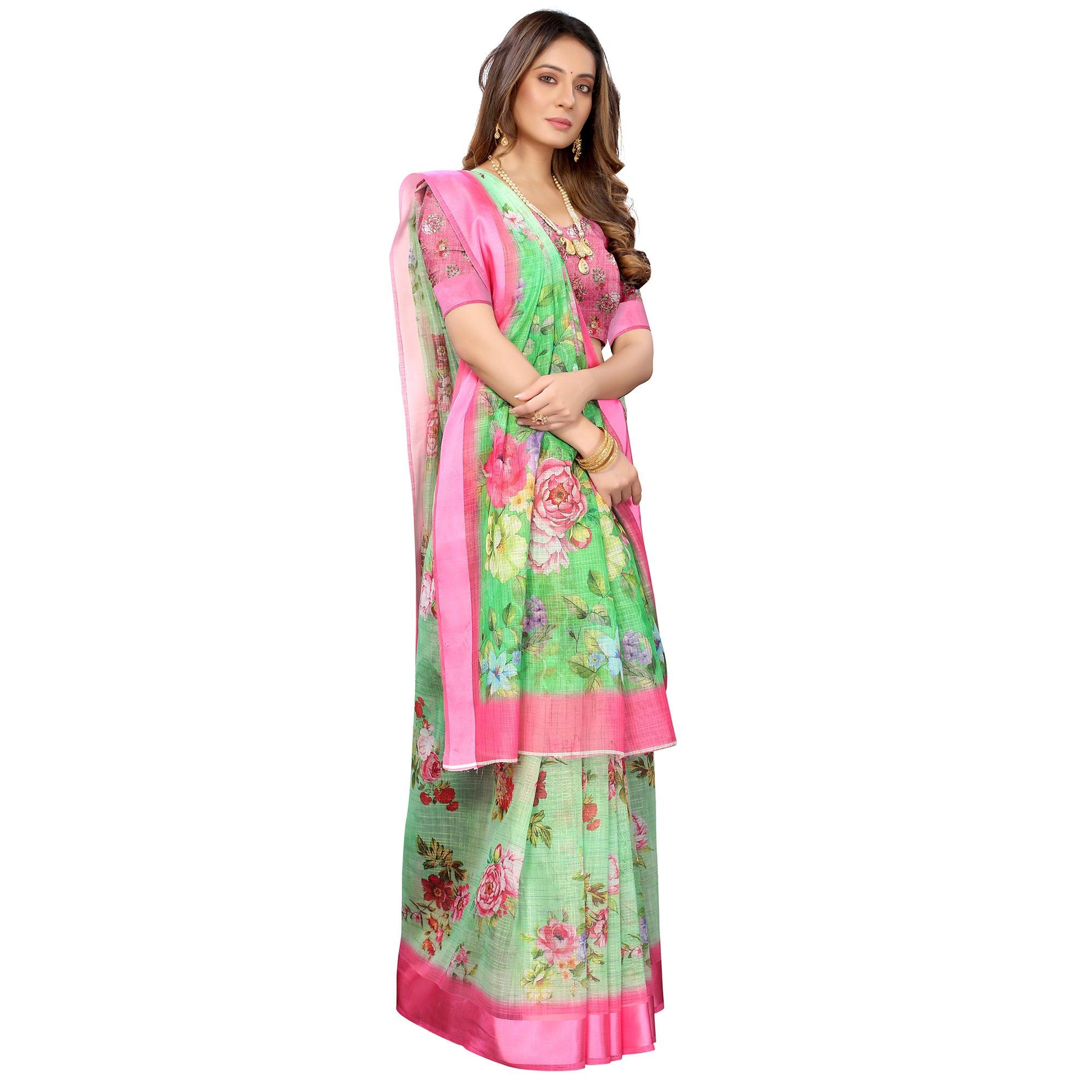 Green-Pink Casual Wear Floral Digital Printed Linen Slub saree - Peachmode