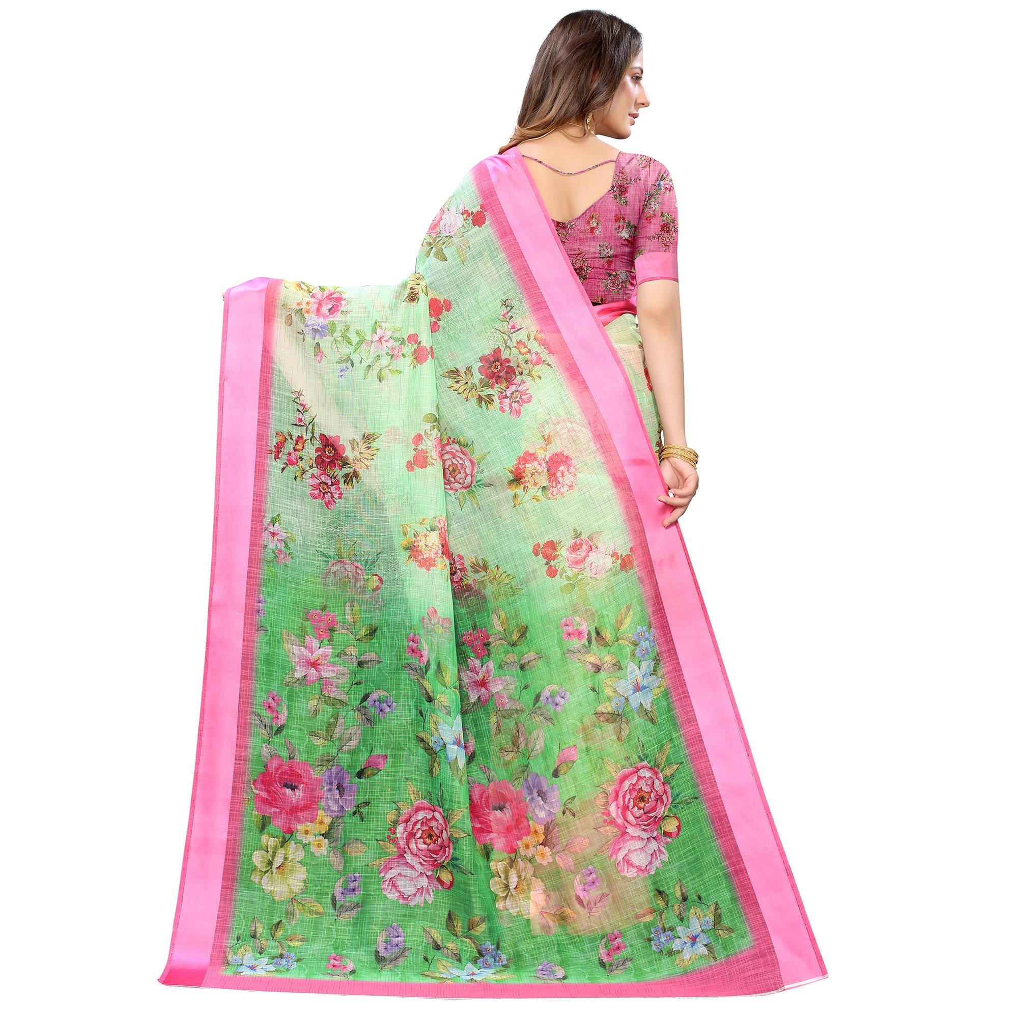 Green-Pink Casual Wear Floral Digital Printed Linen Slub saree - Peachmode