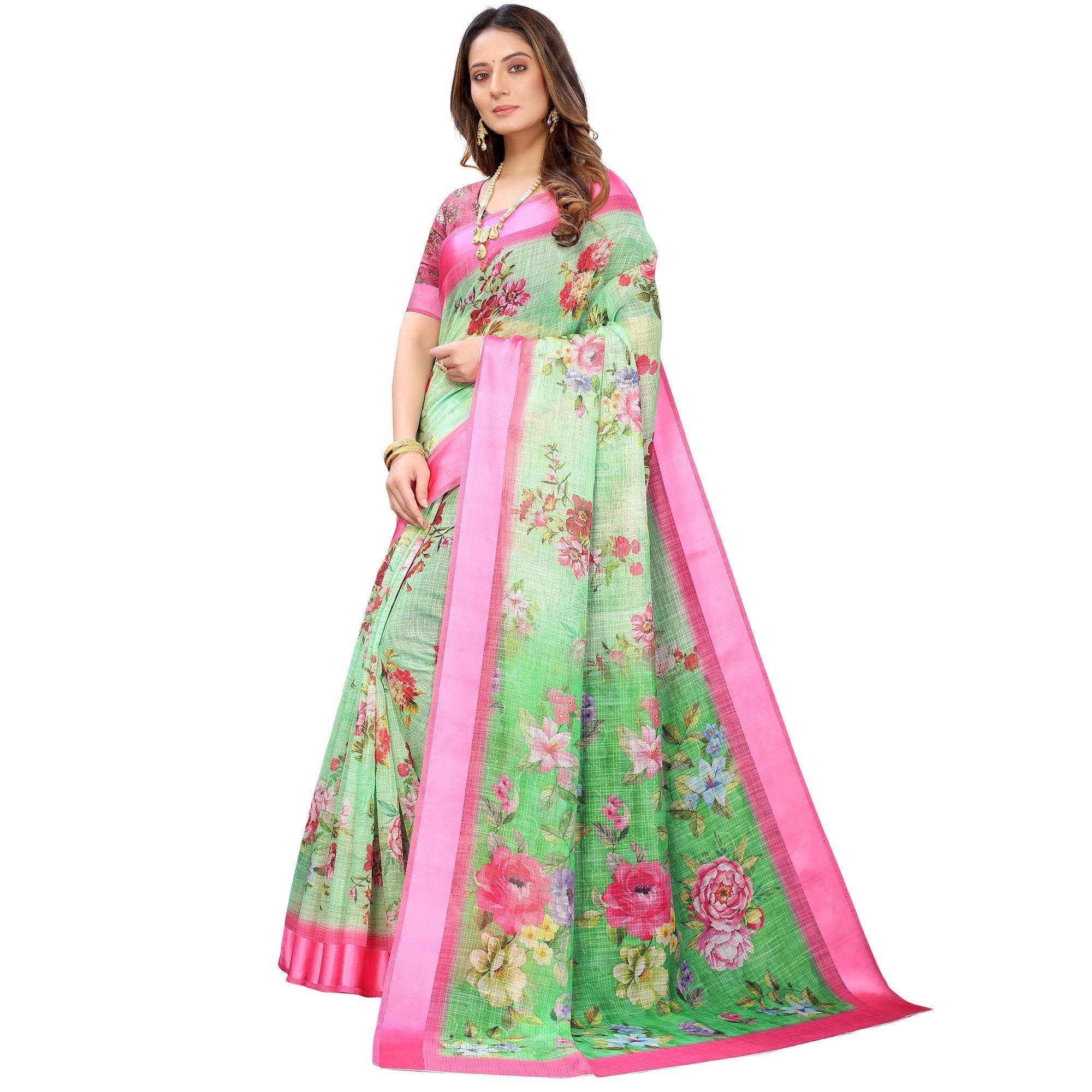 Green-Pink Casual Wear Floral Digital Printed Linen Slub saree - Peachmode