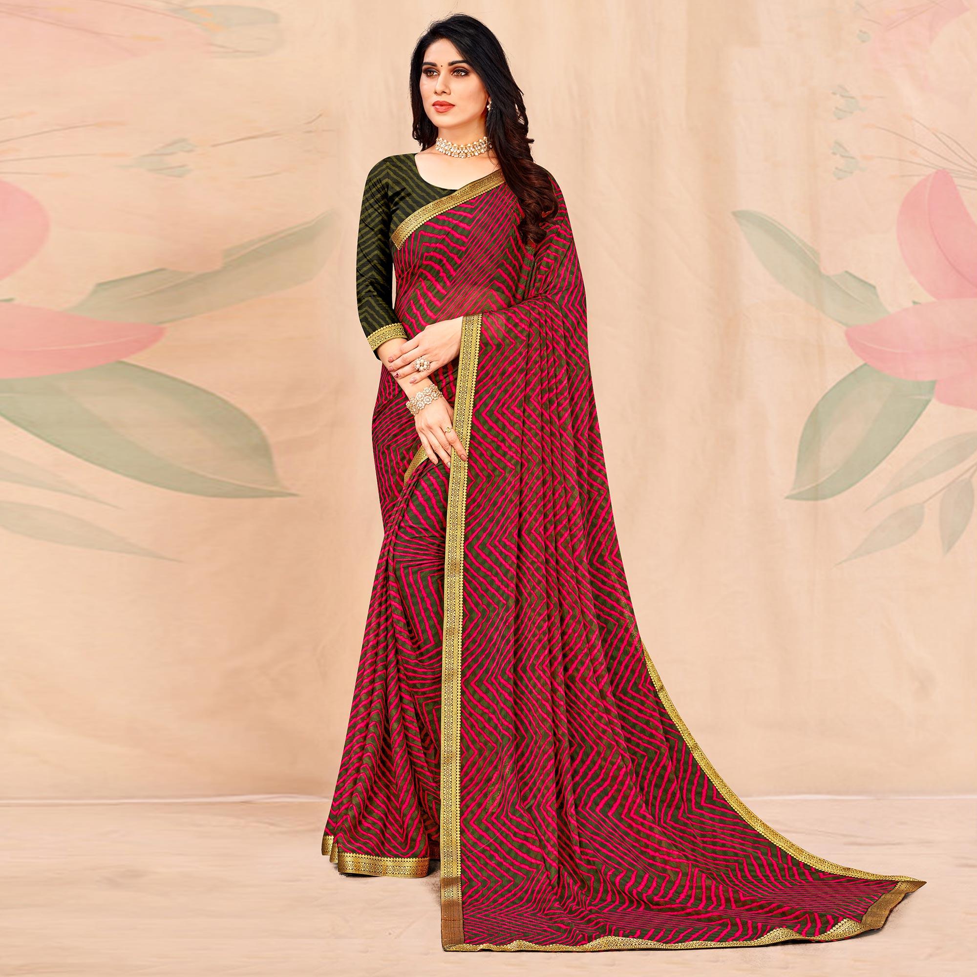 Green-Pink Geometric Printed Chiffon Saree - Peachmode
