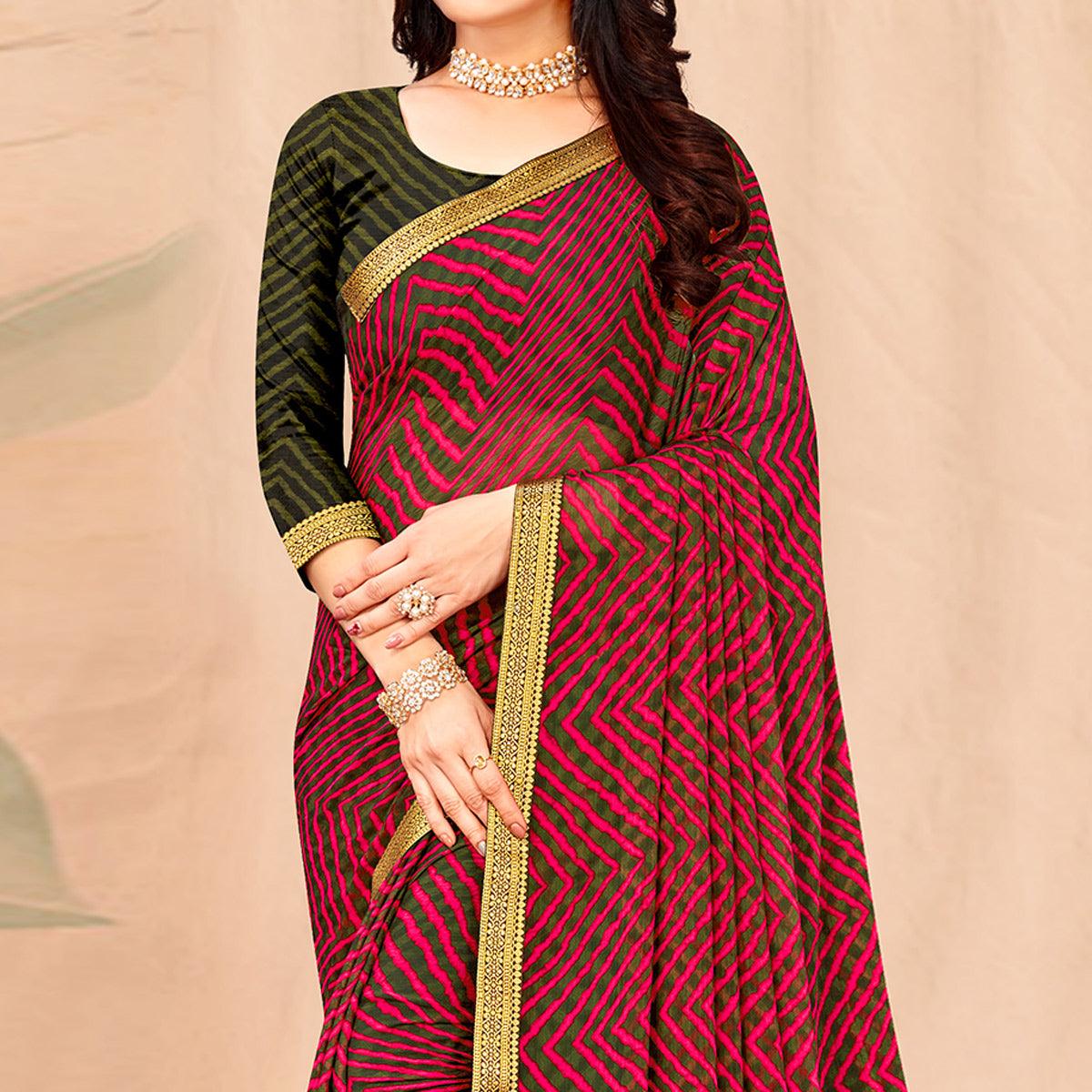 Green-Pink Geometric Printed Chiffon Saree - Peachmode