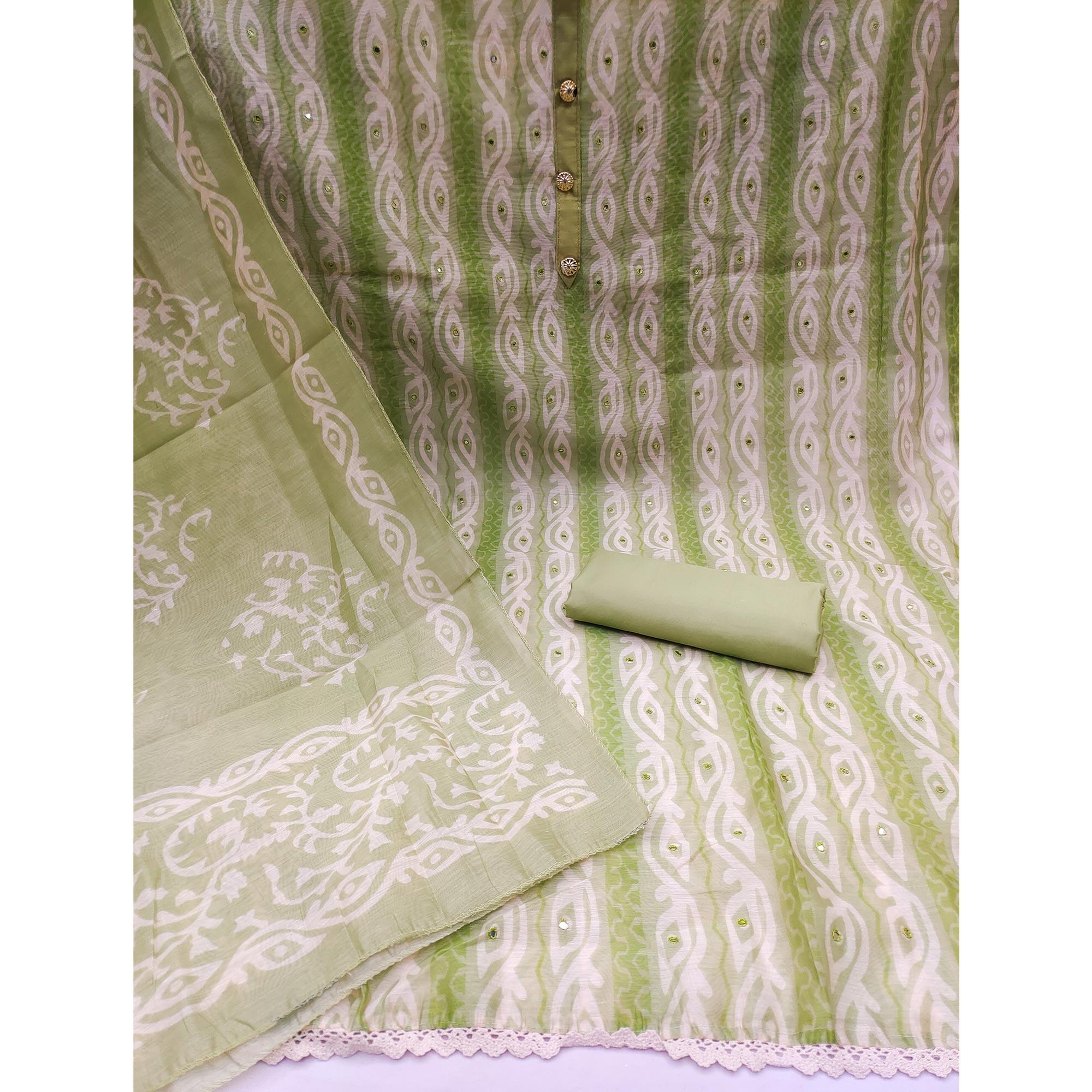 Green Printed & Mirror Work Chanderi Dress Material - Peachmode
