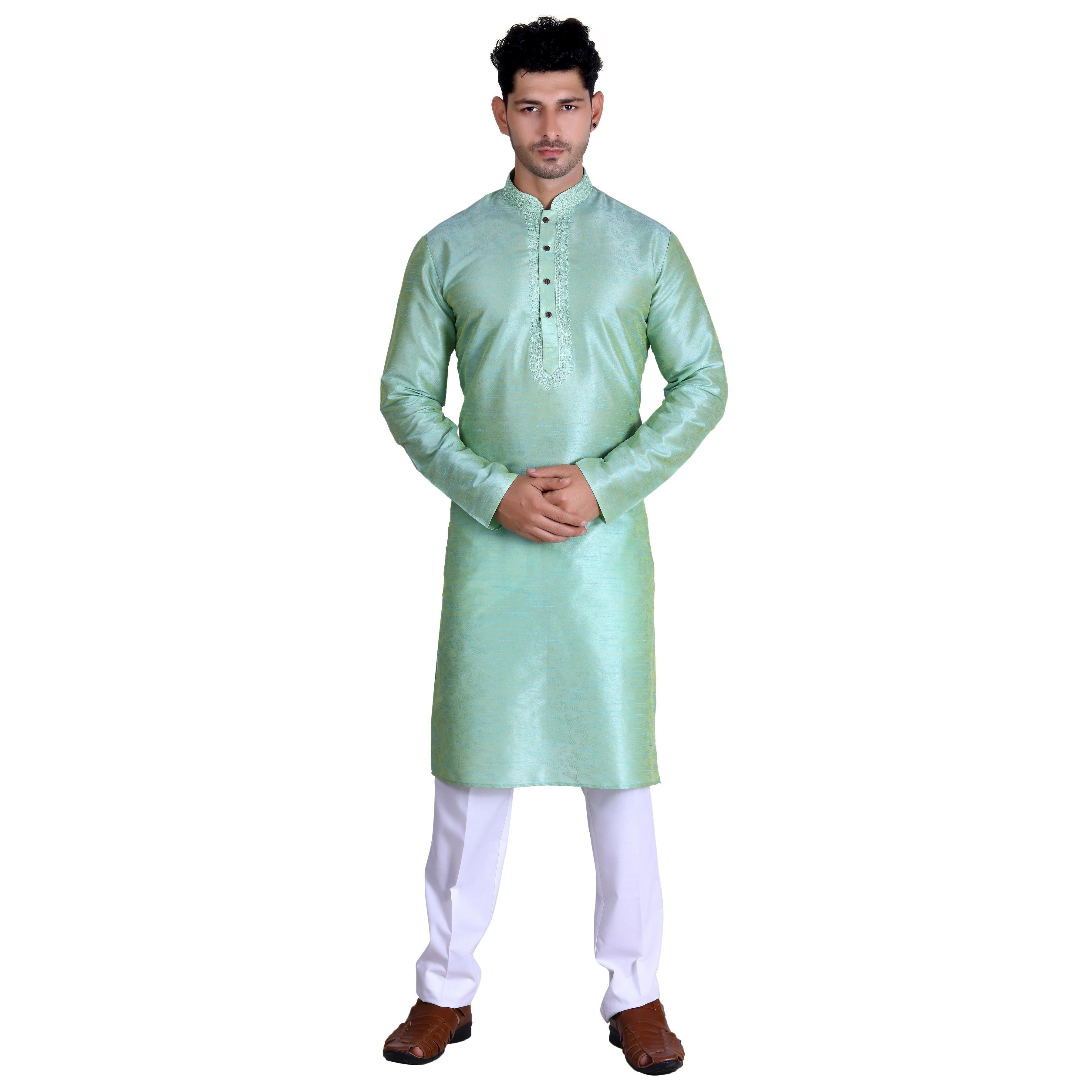 Green Printed Art Silk Men's Kurta Pyjama Set - Peachmode