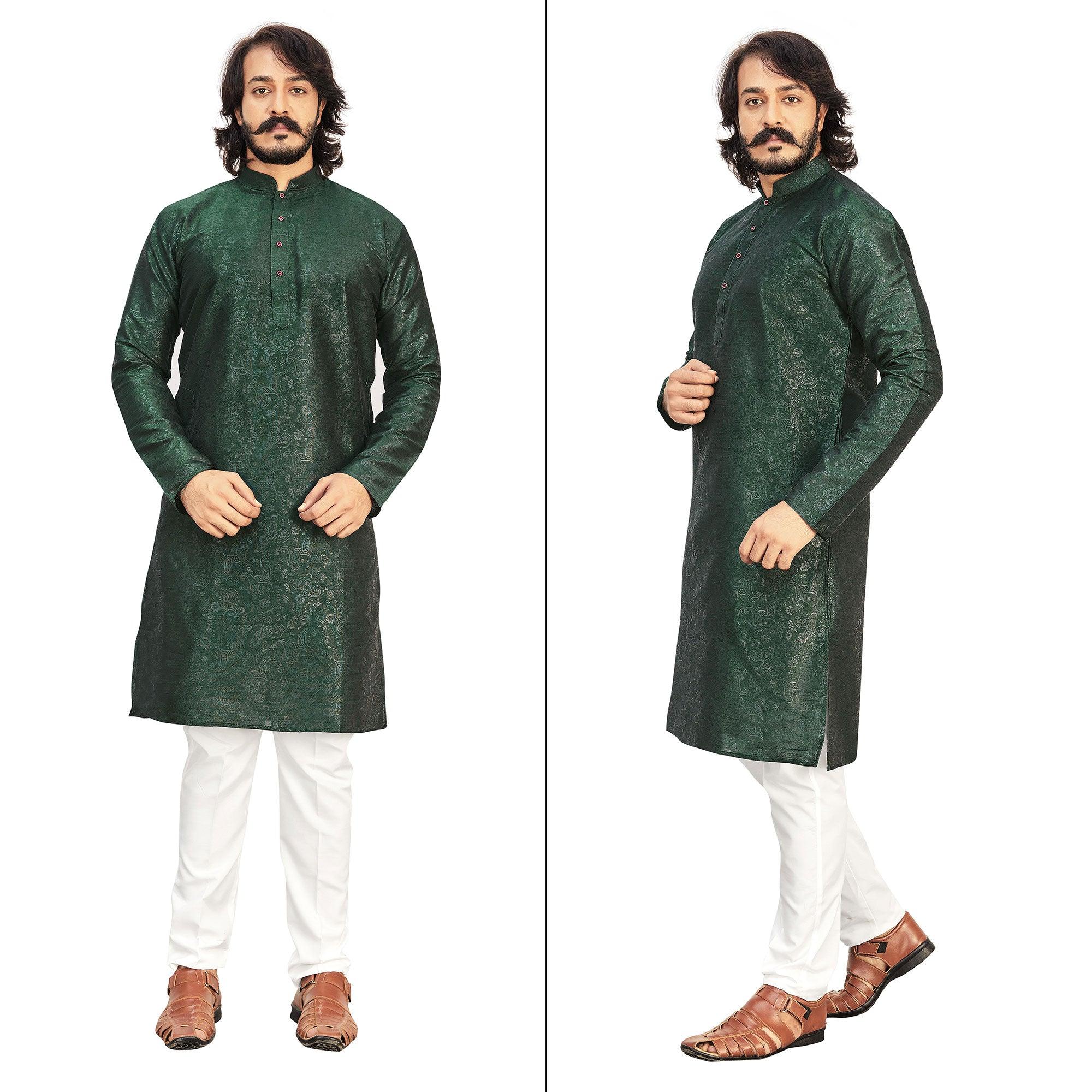Green Printed Art Silk Men's Kurta Pyjama Set - Peachmode