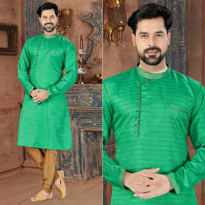 Green Printed Art Silk Men's Kurta Pyjama Set - Peachmode
