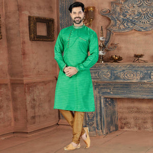 Green Printed Art Silk Men's Kurta Pyjama Set - Peachmode