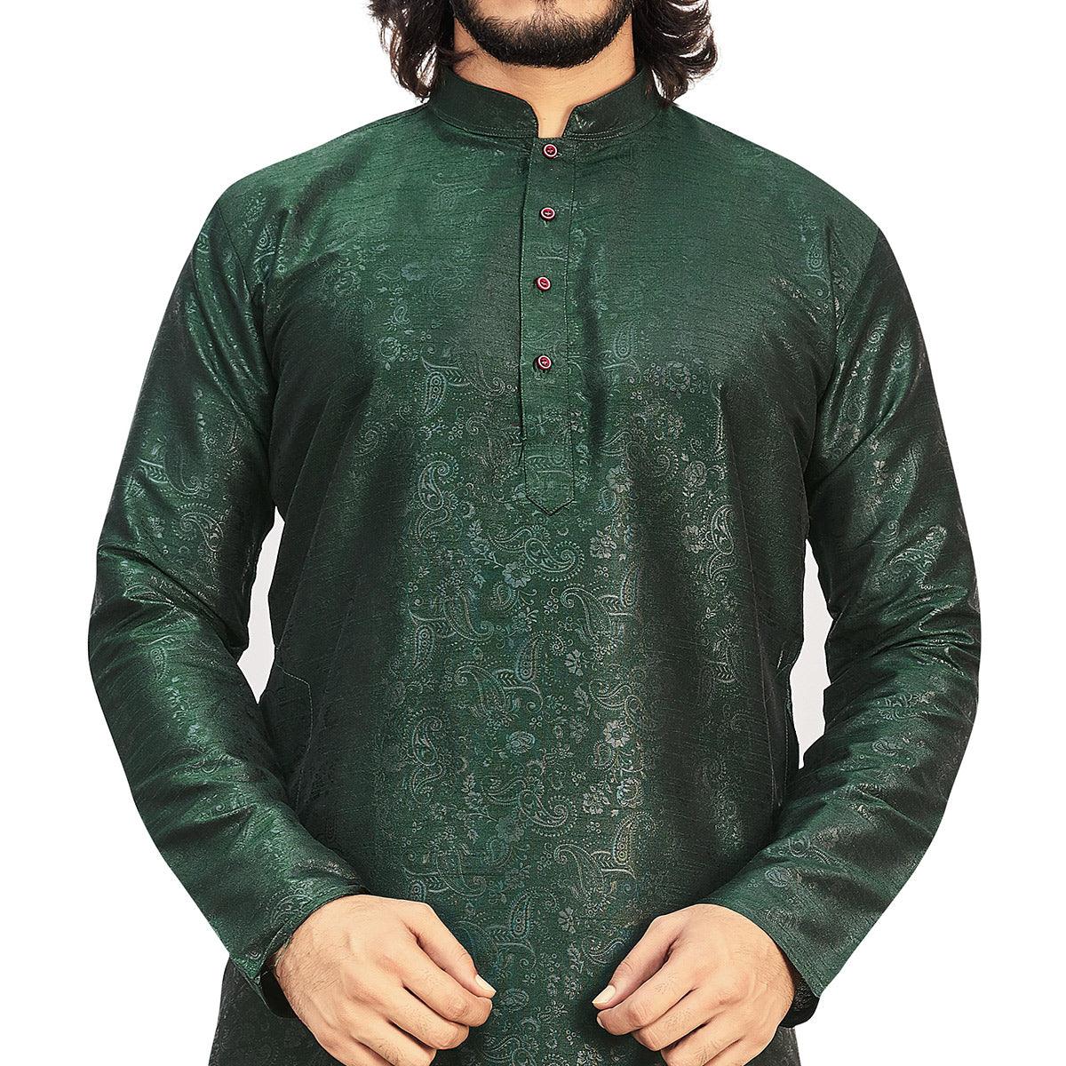 Green Printed Art Silk Men's Kurta Pyjama Set - Peachmode