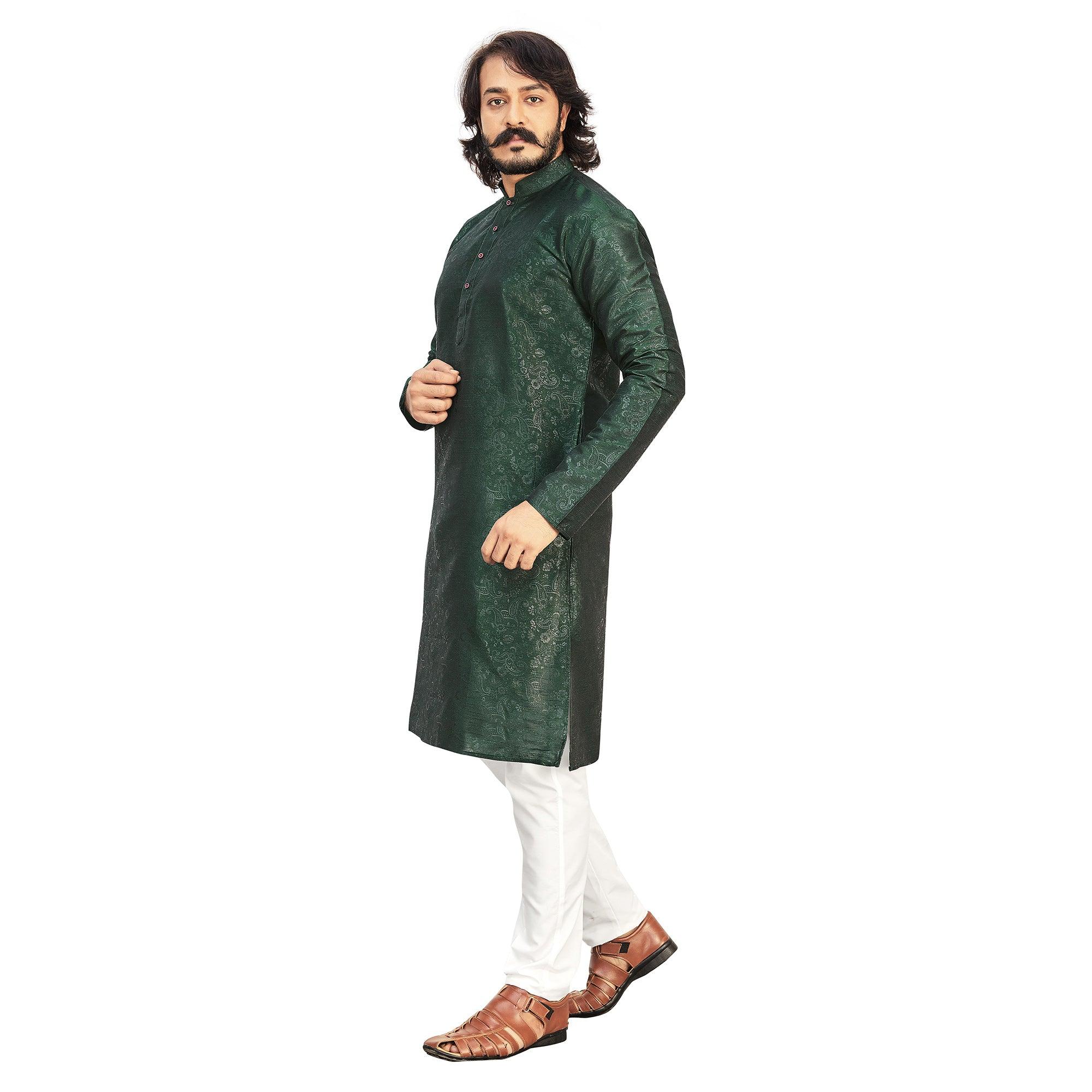 Green Printed Art Silk Men's Kurta Pyjama Set - Peachmode