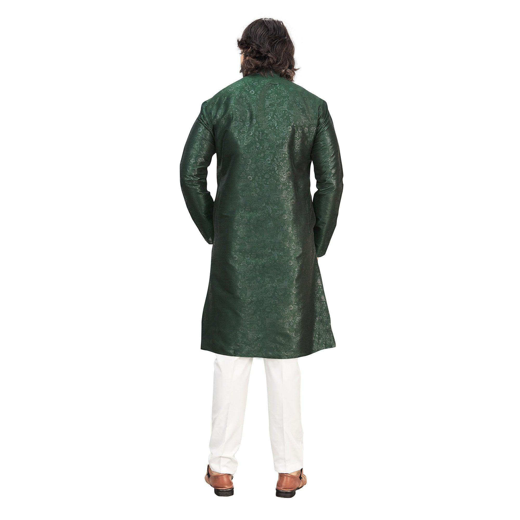 Green Printed Art Silk Men's Kurta Pyjama Set - Peachmode